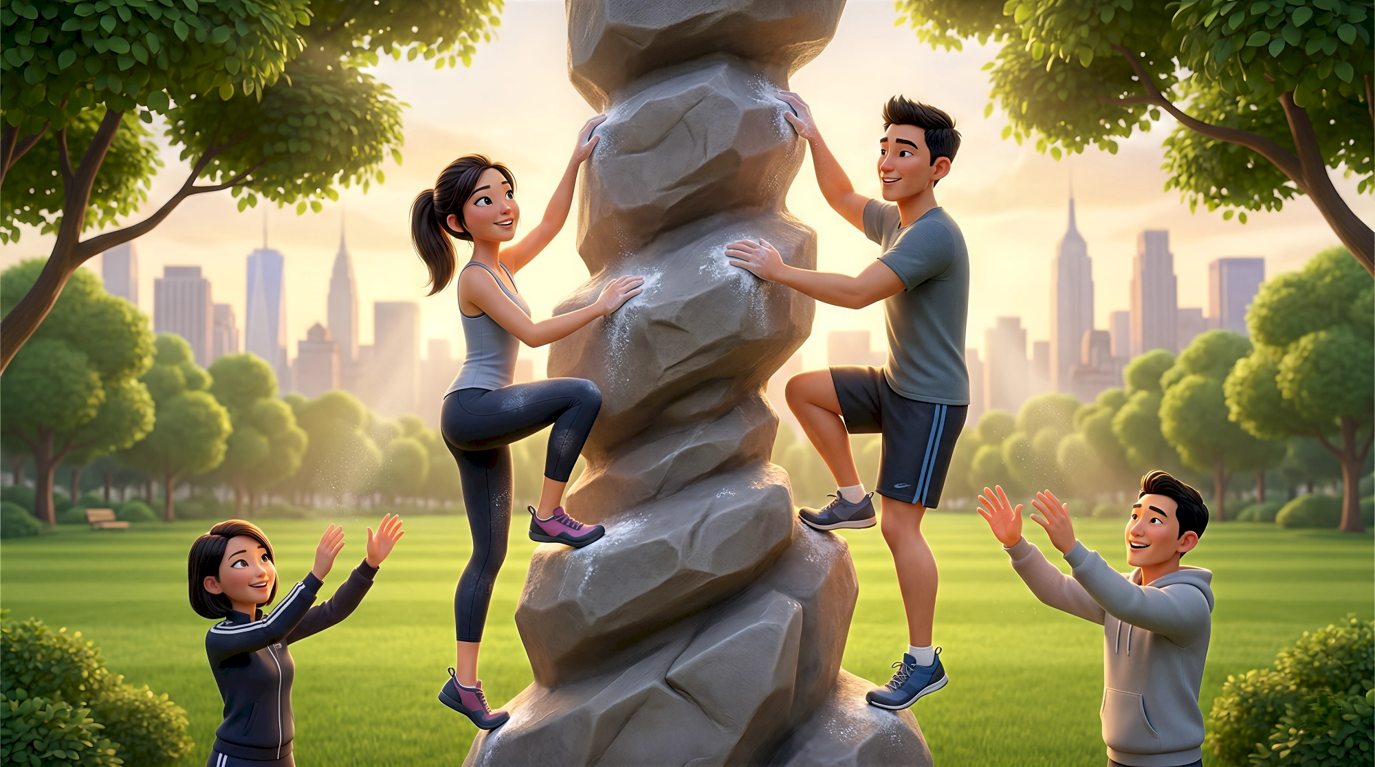 Four expressive 3D animated characters — an Asian woman with a dark ponytail in a grey