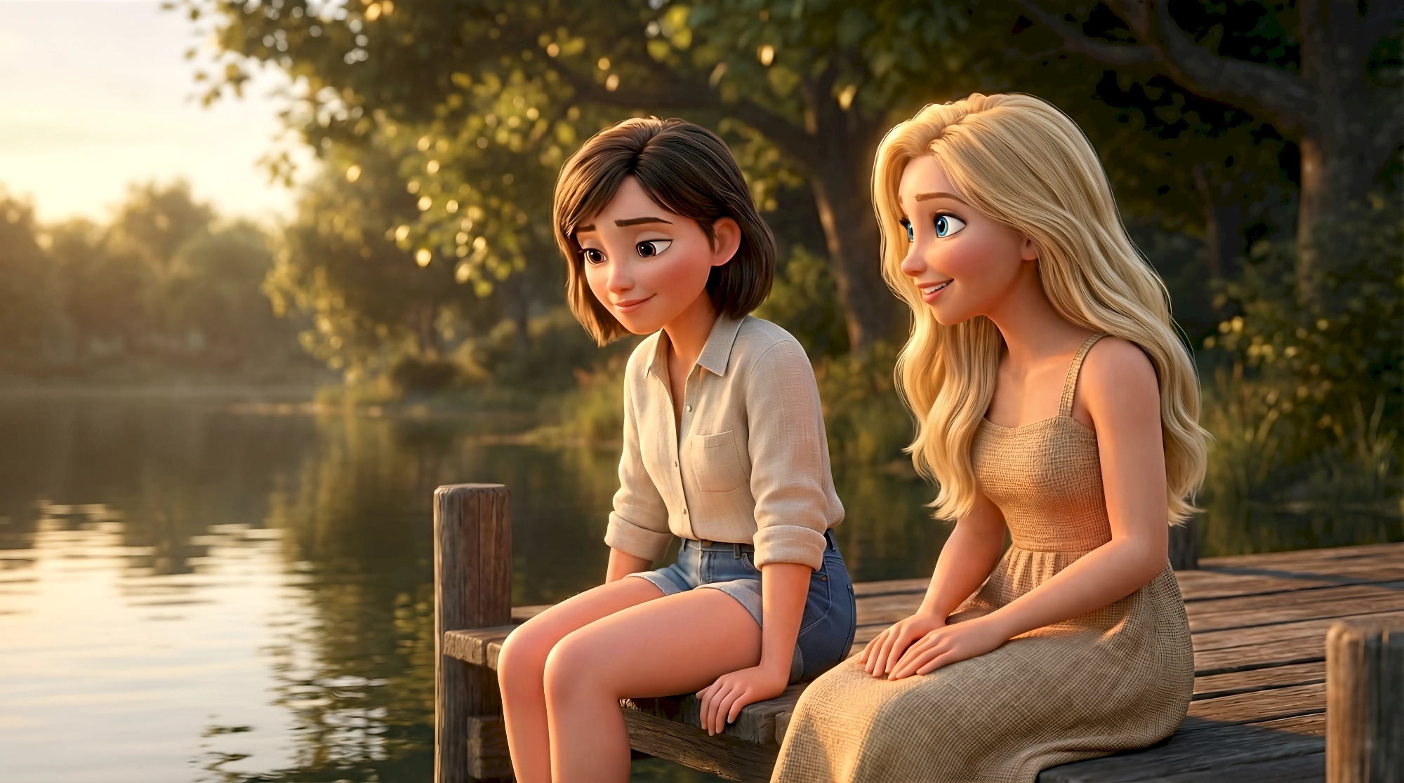Two stylized cinematic 3D characters — a white girl with a short dark brown bob in