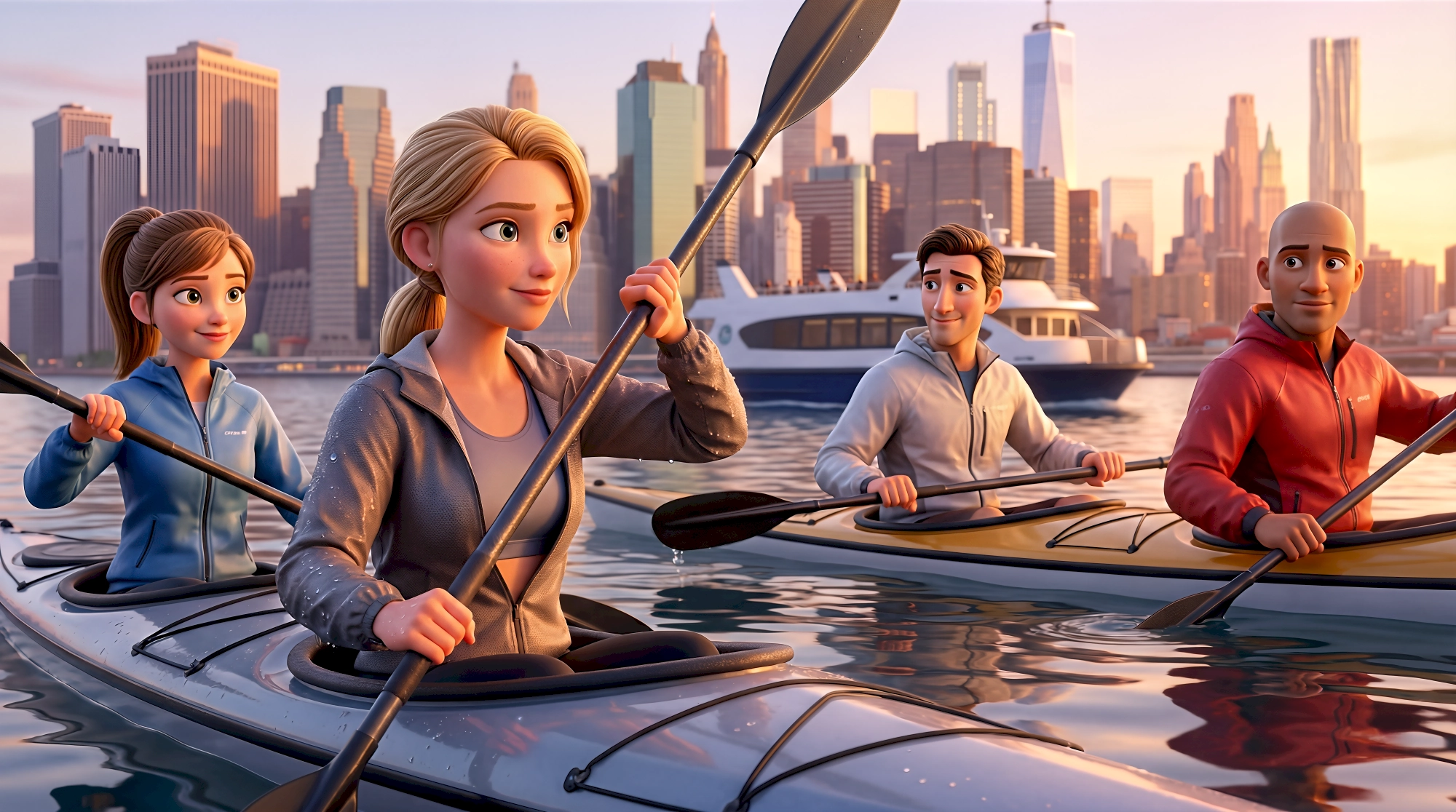 Four expressive 3D animated characters — a white girl with a brown ponytail in a blue