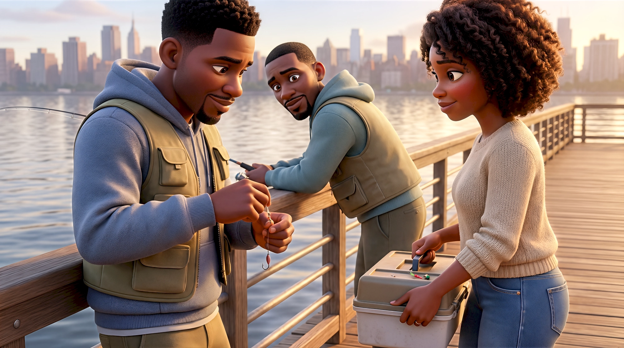 Three stylized open world 3D characters — a Black man in a grey hoodie and tan