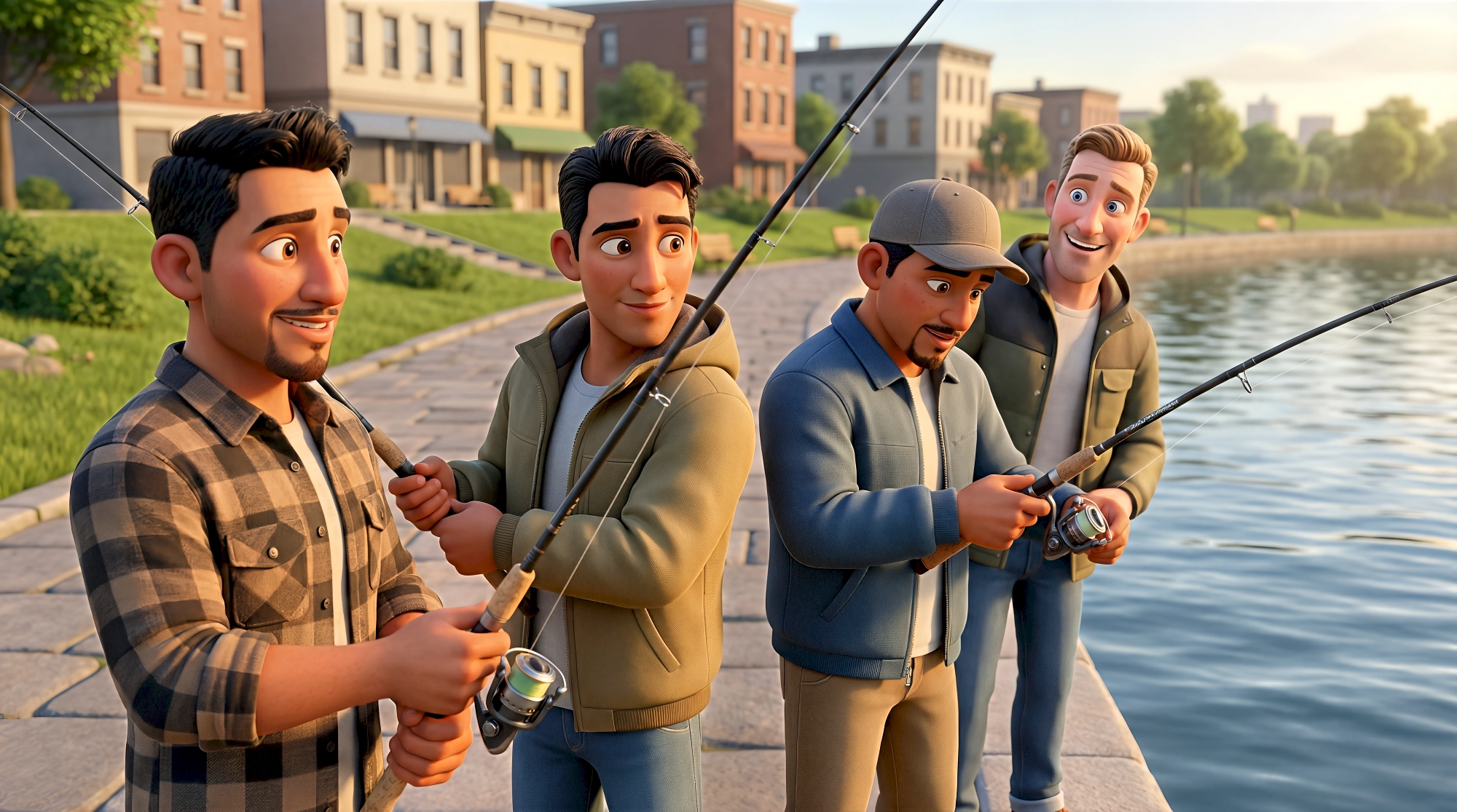 Four cinematic 3D animated characters — a Latino man with a beard in a brown plaid