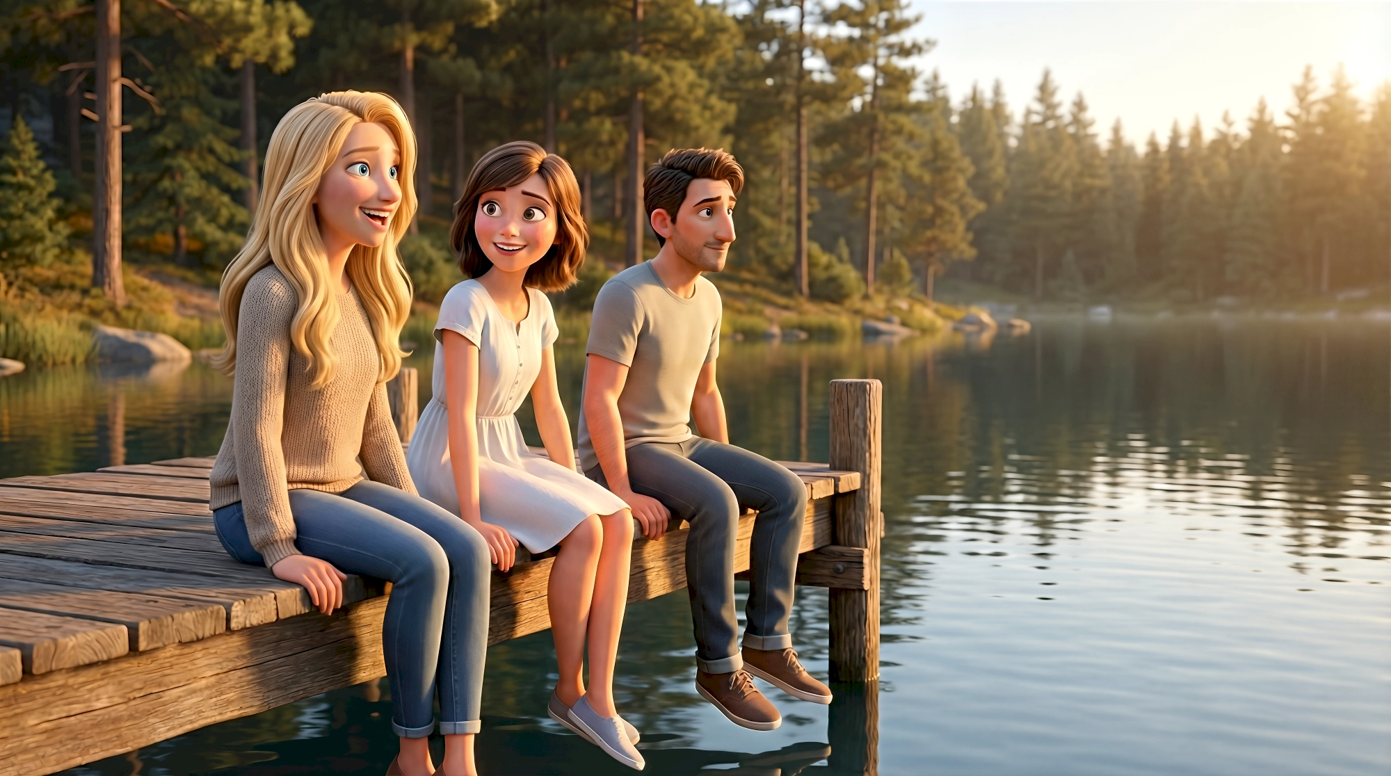 Three stylized realism 3D characters — a white woman with long blonde hair in a beige