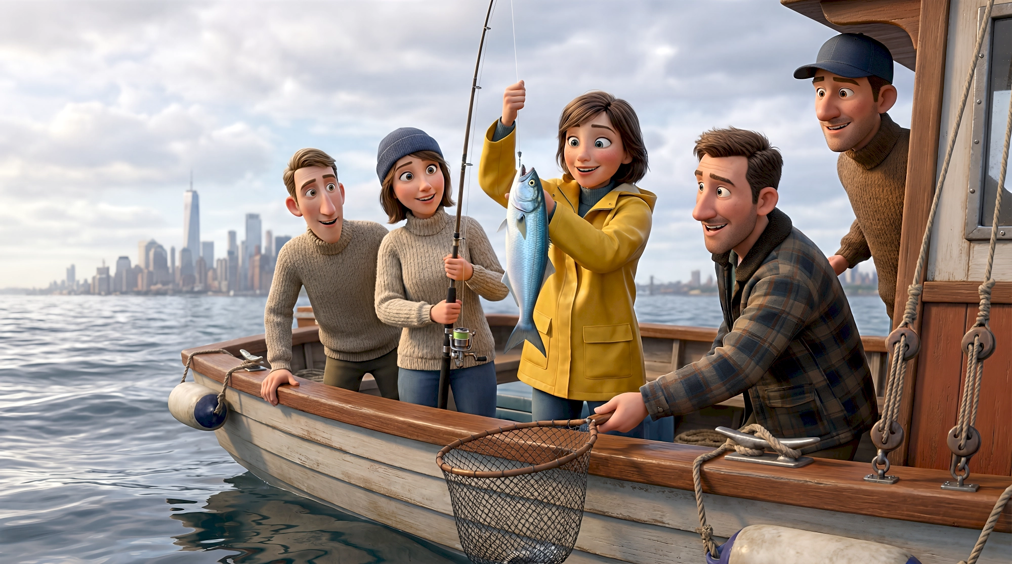 Four cinematic 3D animated characters — a white woman with a short brown bob in a