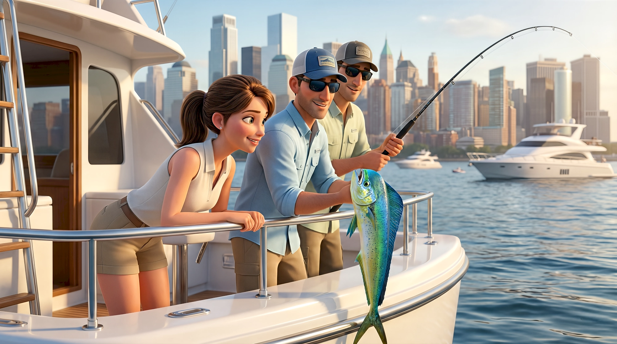 Three stylized realism 3D characters — a white woman with a brown ponytail in a cream