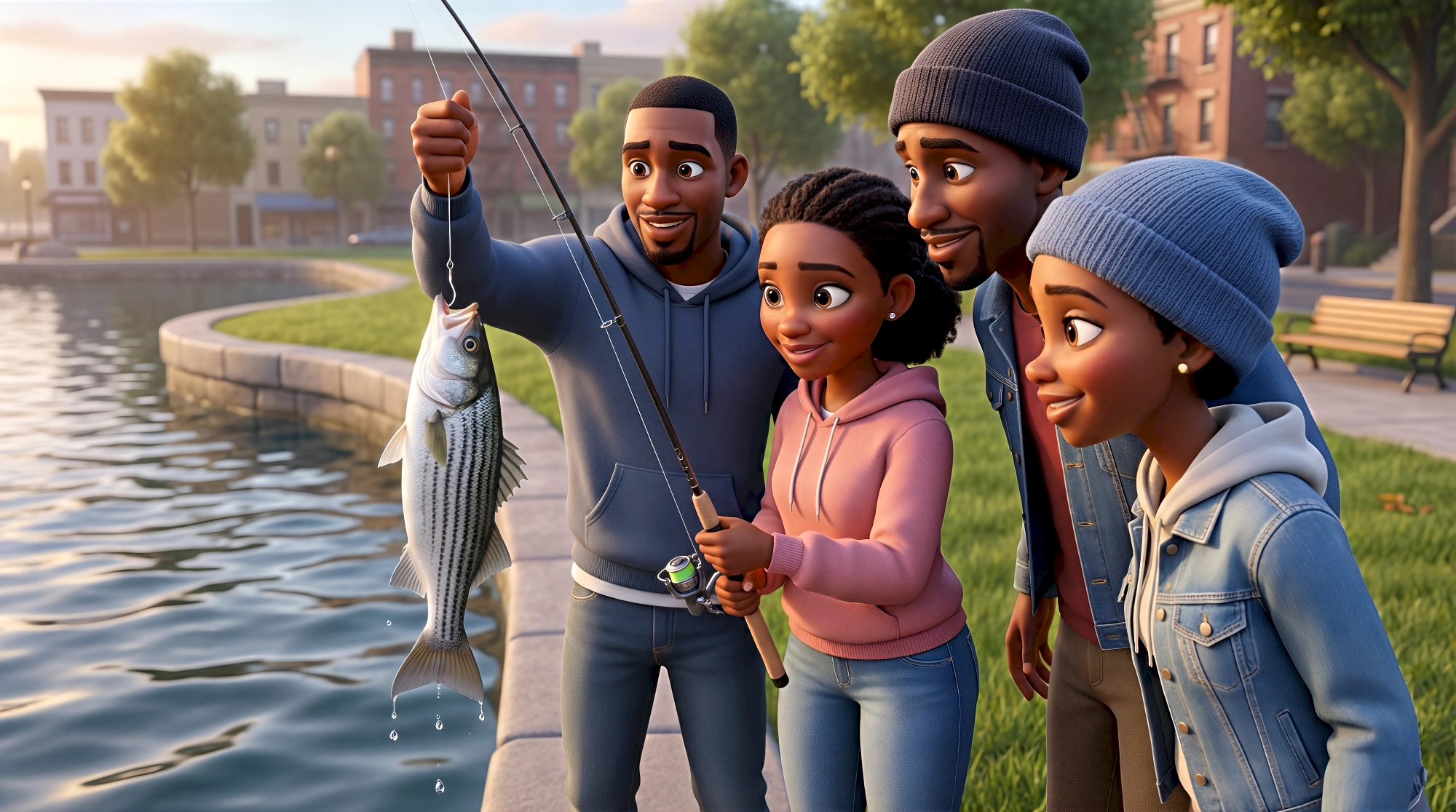 Four expressive 3D animated characters — a Black man in a grey hoodie and jeans hoisting