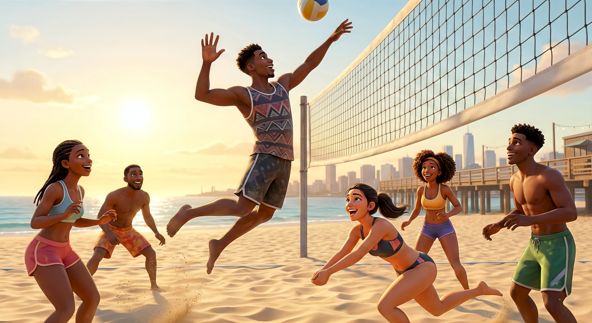 Five digital human 3D characters — a Black man in a patterned geometric tank and dark