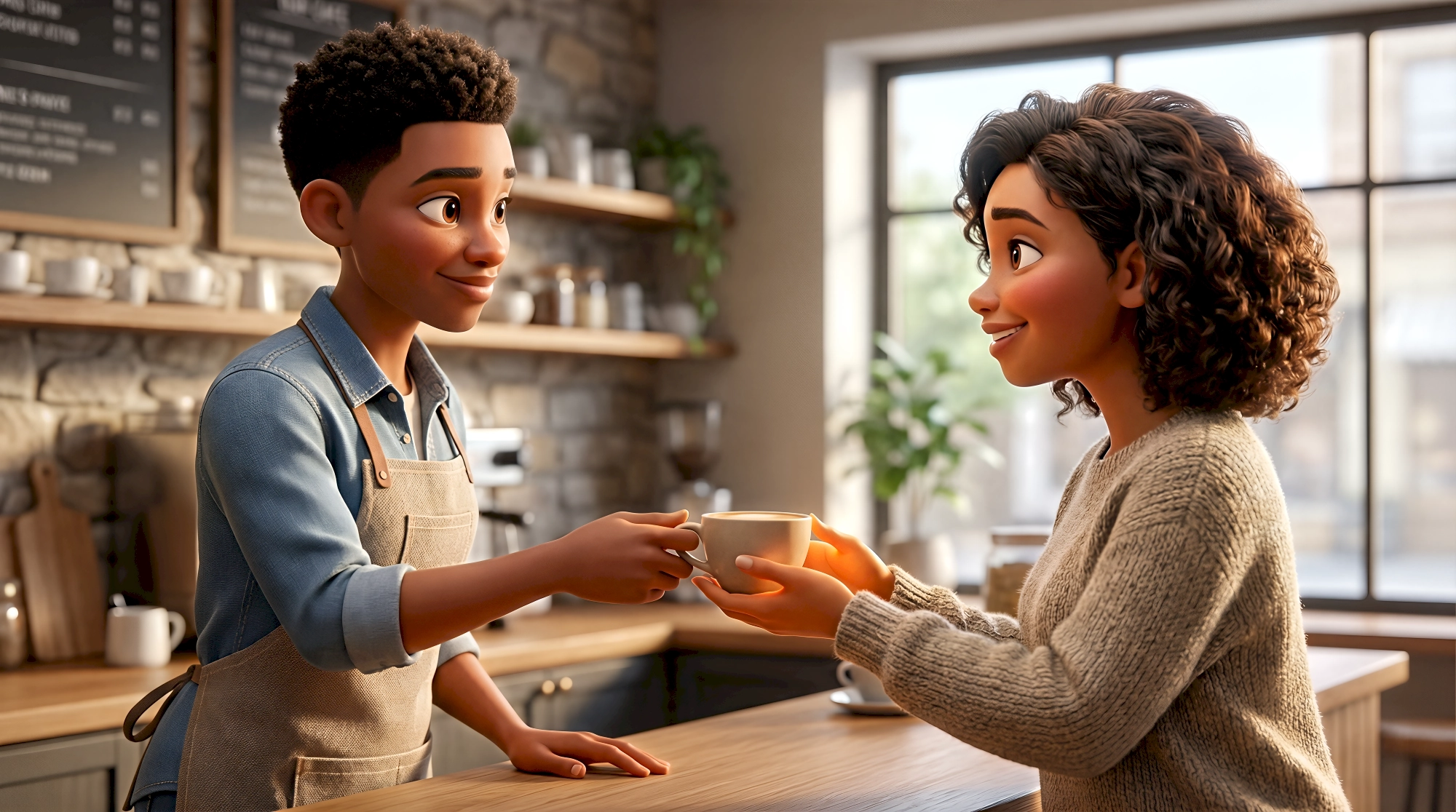 Two expressive 3D animated characters — a young Black male barista in a denim shirt and linen apron handing a…