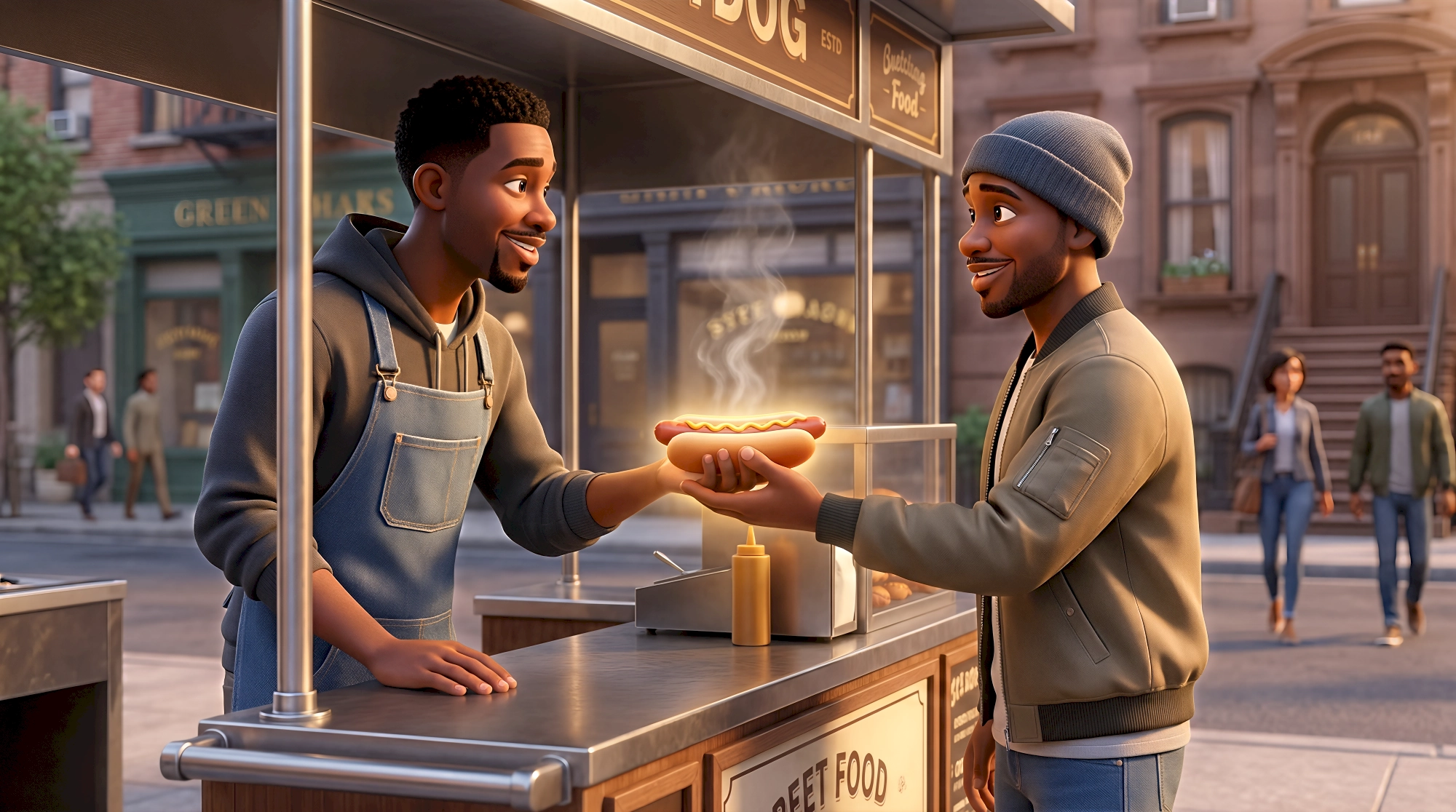 Two expressive 3D animated characters — a Black male street food vendor in a denim apron handing a steaming…