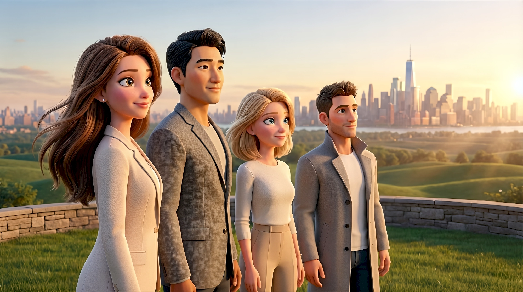 brooklyn heights promenade mixed group nyc skyline sunset new york outdoor nyc cinematic animated characters…