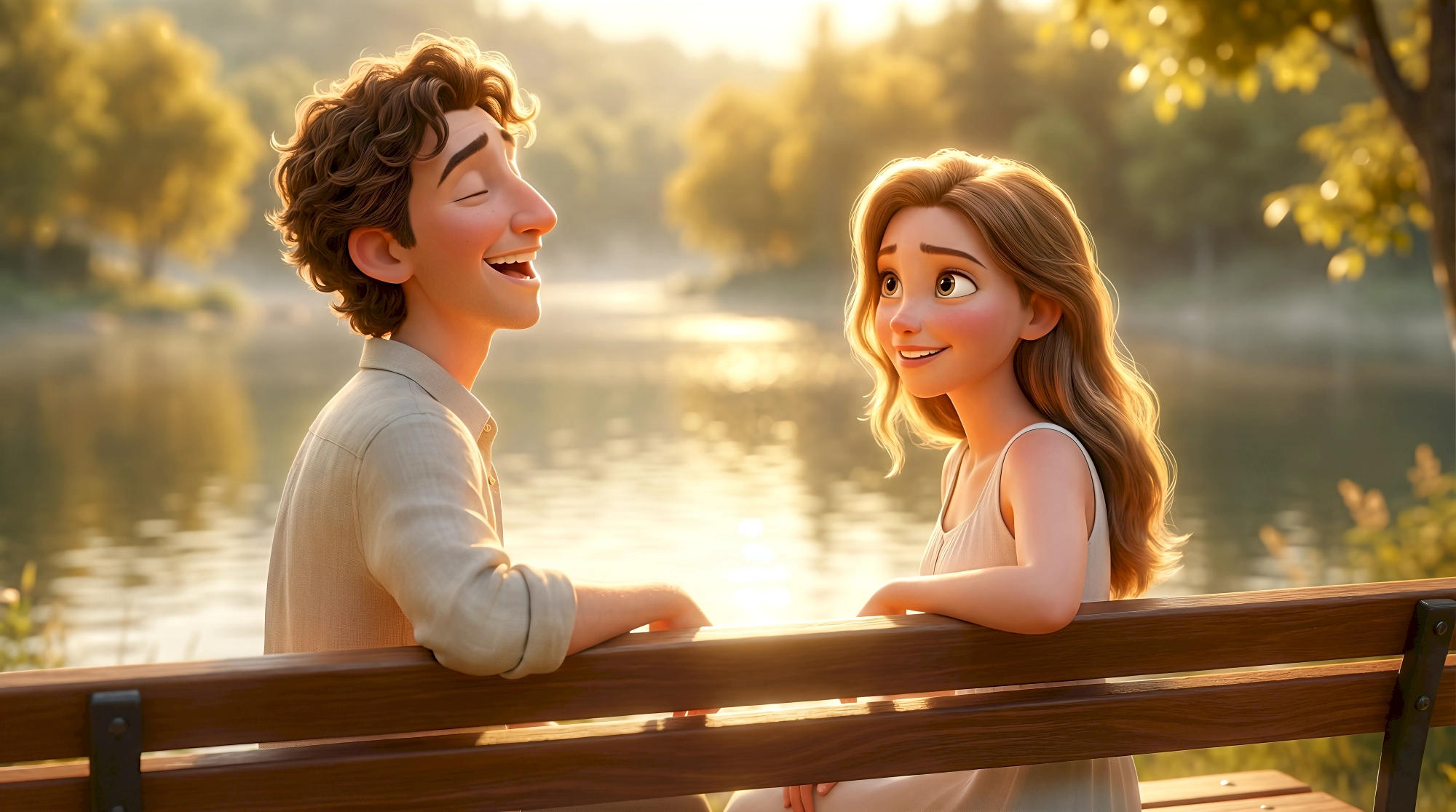 Two stylized realism animated characters — a white man with curly brown hair in a cream linen shirt laughing…