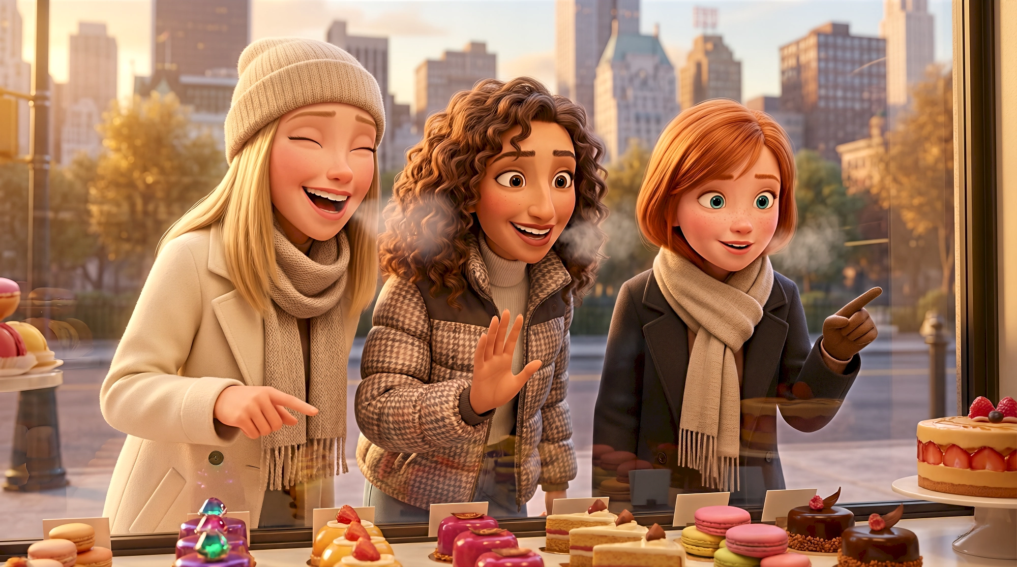 Three stylized open world animated characters — a blonde white woman in a cream coat and beanie, a Latina…