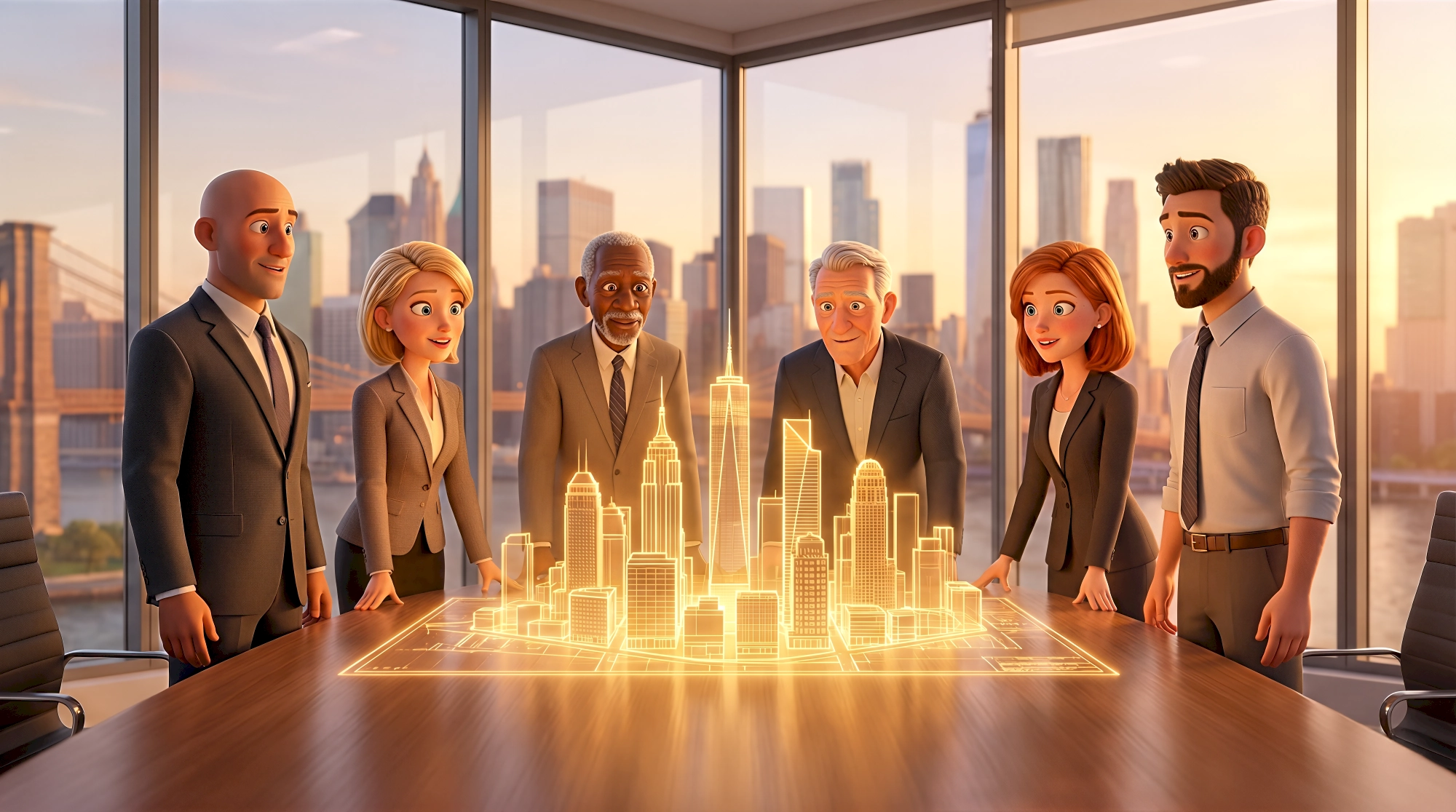 Five cinematic 3D animated characters — a diverse group of business professionals in suits and blazers…