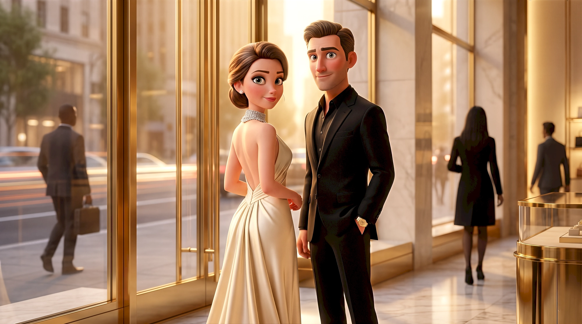Two digital human animated characters — a white woman with a dark updo in a backless ivory silk gown and…
