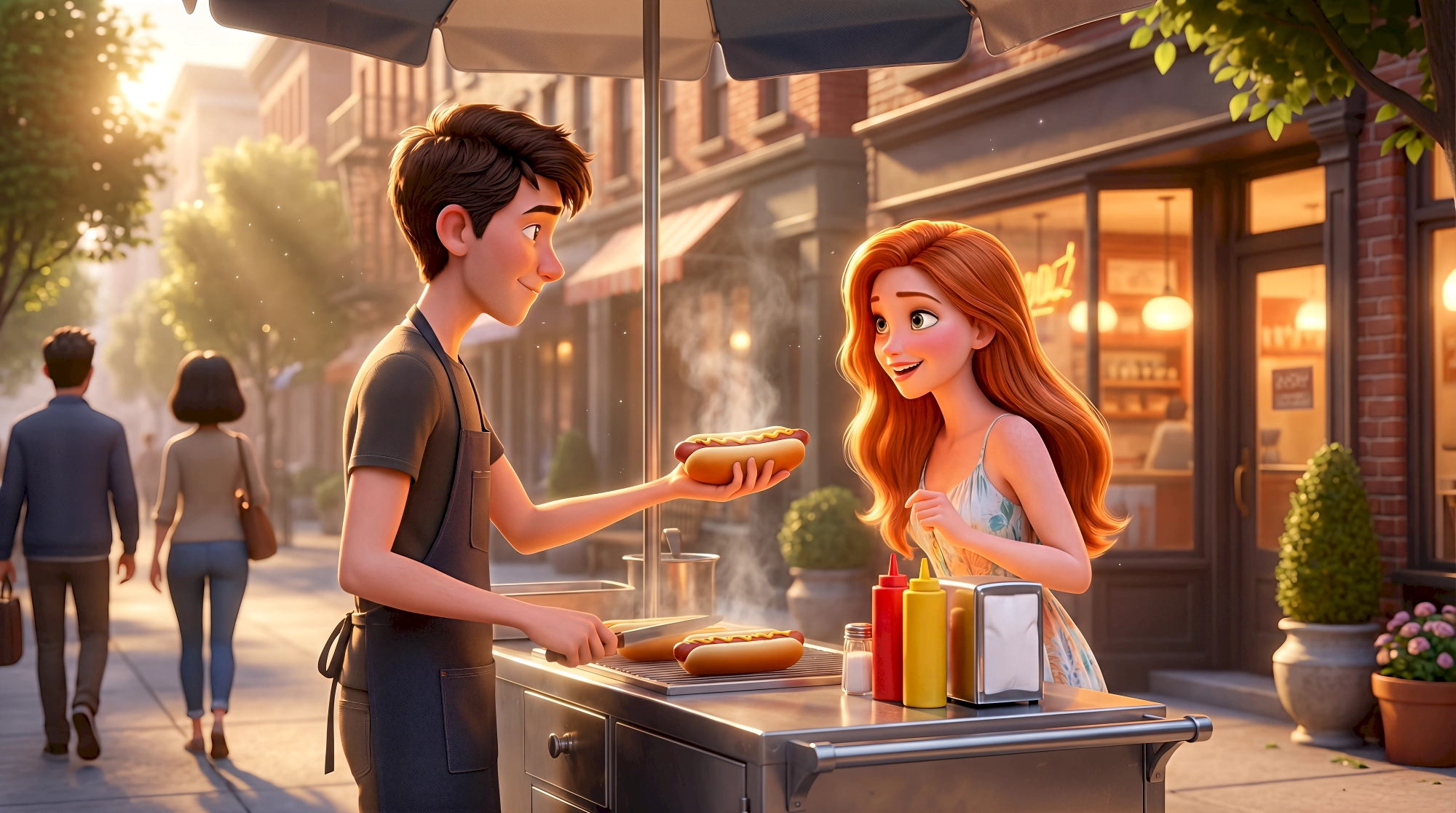 Two charming high-fidelity 3D animated characters — a white male street food vendor in a dark apron handing a…