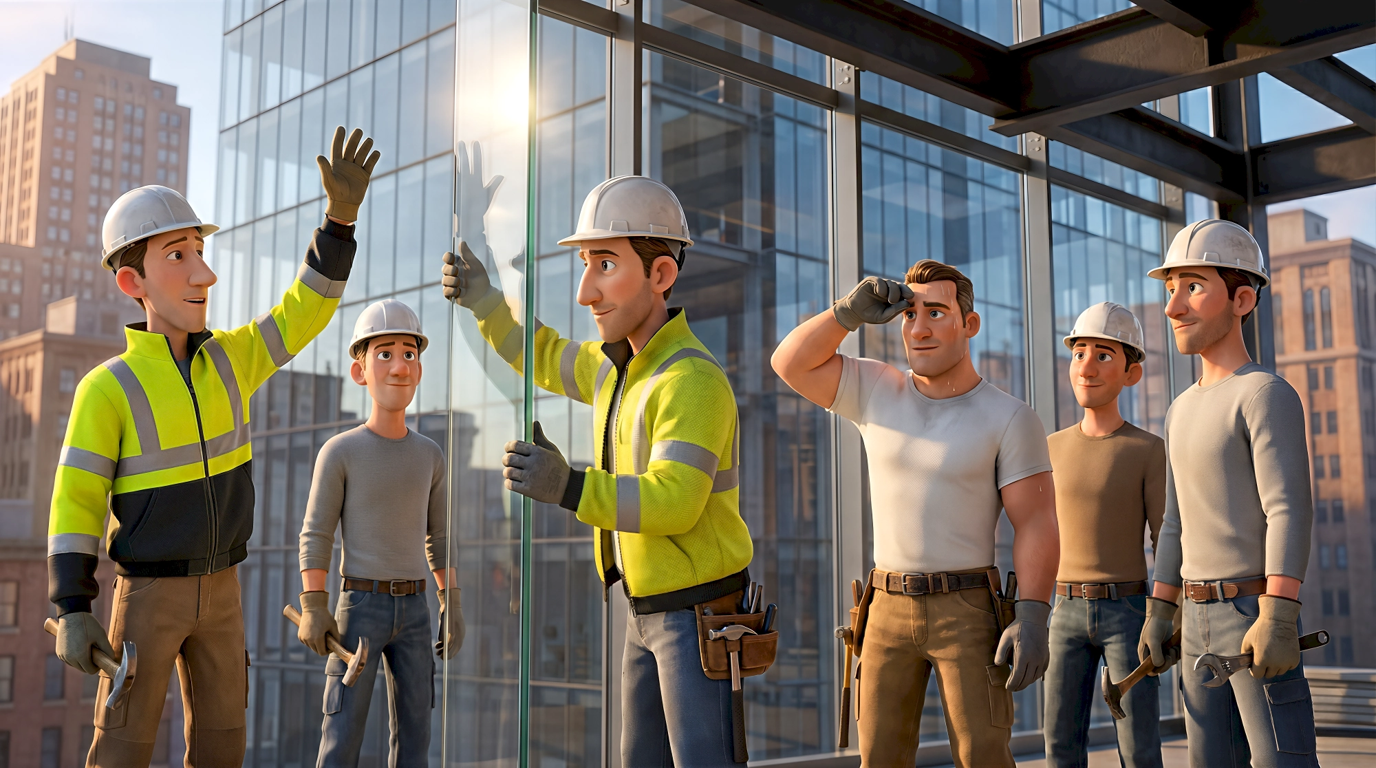 Five expressive 3D animated characters — white male construction workers in neon high-vis jackets, hard hats…