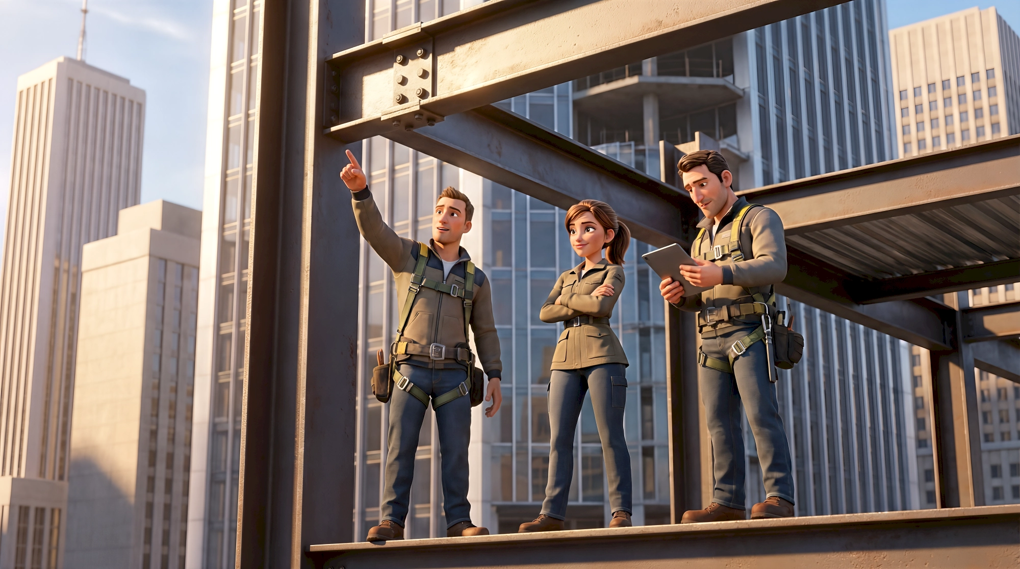 Three expressive 3D animated characters — two white male construction workers in olive jackets and safety…