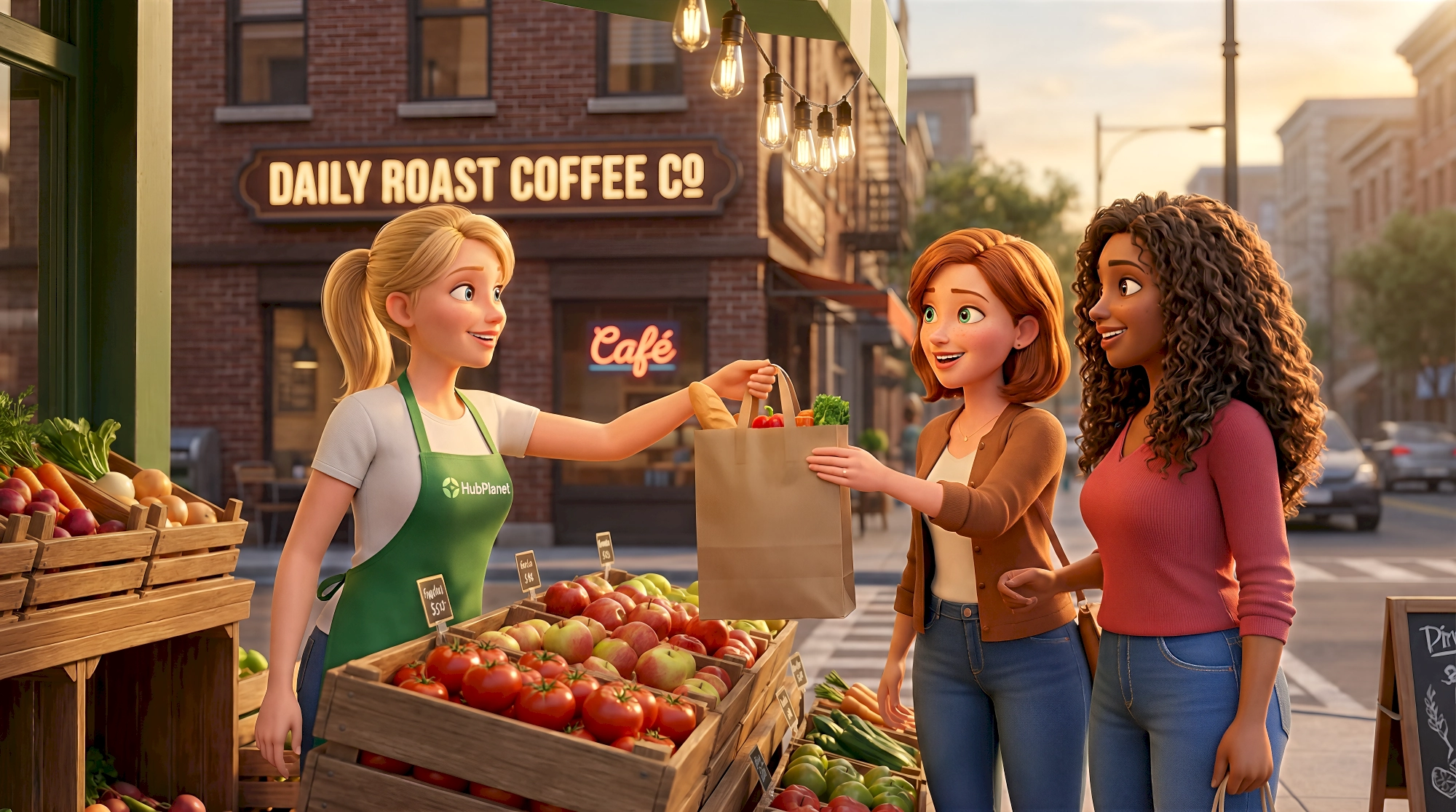 Three stylized realism animated characters — a white woman in a HubPlanet green apron handing over a fresh…