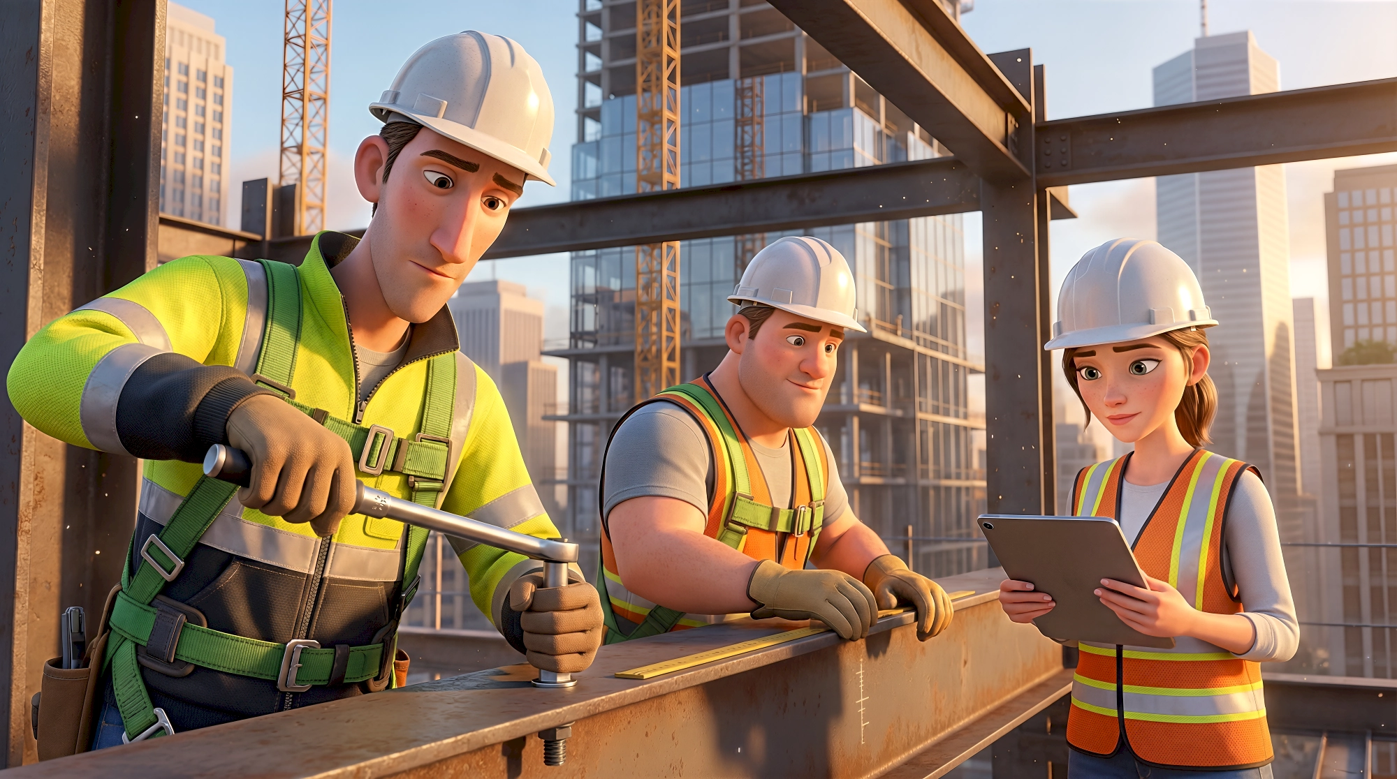 Three expressive 3D animated characters — two white male construction workers in neon high-vis jackets and…