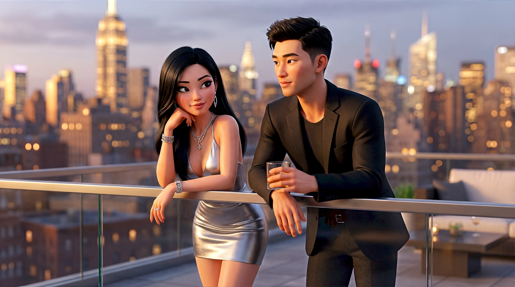 Two metahuman 3D animated characters — an Asian woman in a silver metallic mini dress adorned with diamond…
