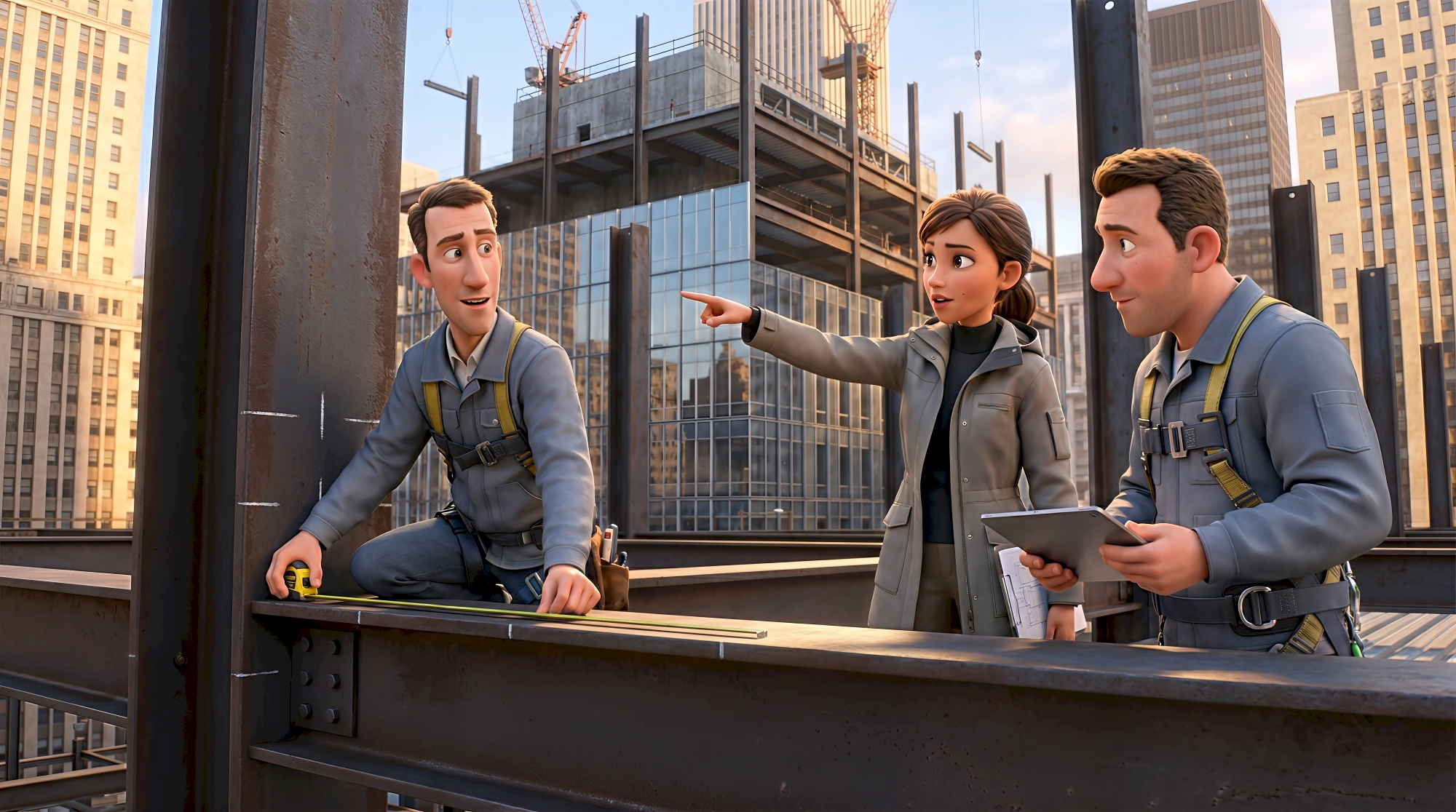 Three charming high-fidelity 3D animated characters — a white female architect in a grey trench coat pointing…