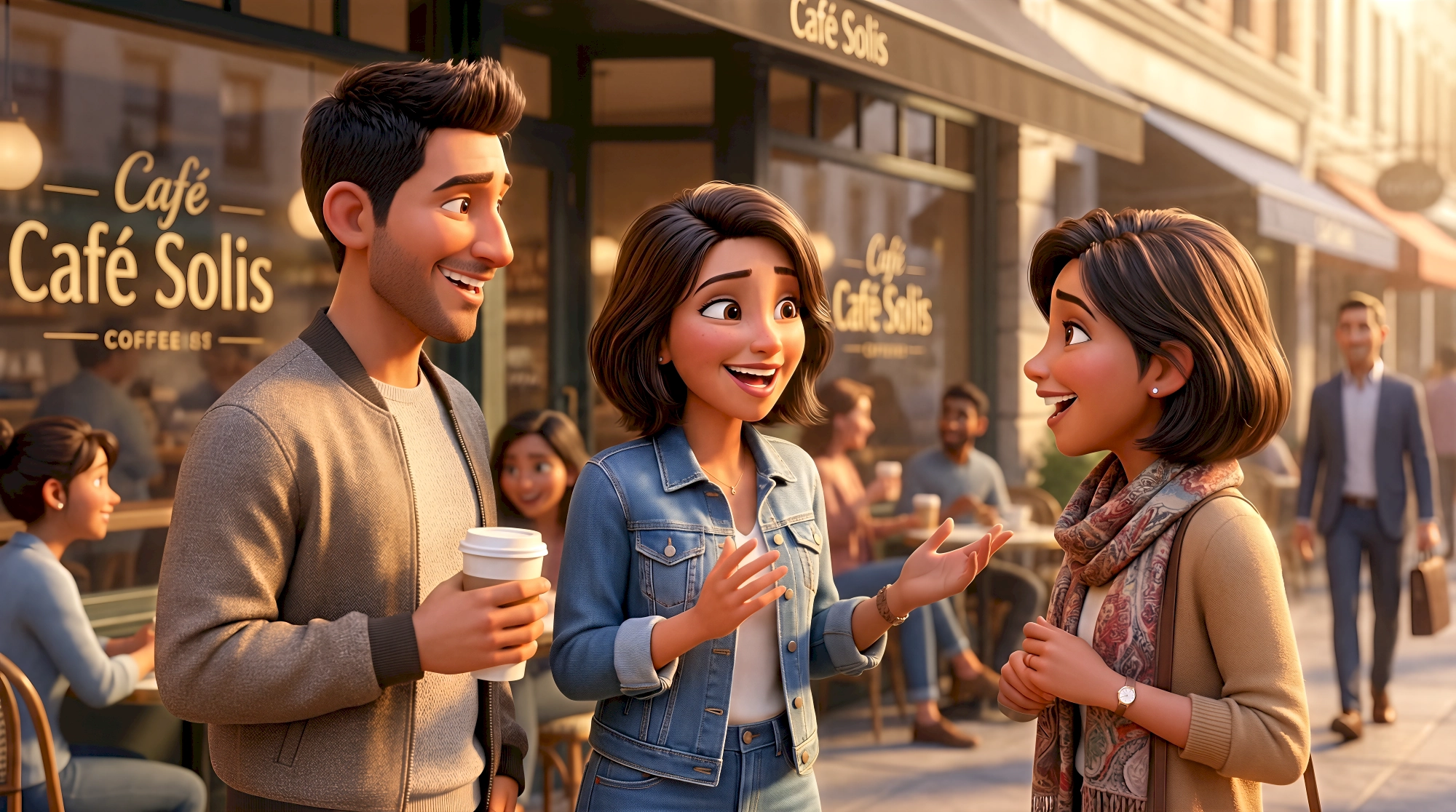 Three expressive 3D animated characters — a Latino man in a grey bomber holding a coffee, a Latina woman in a…