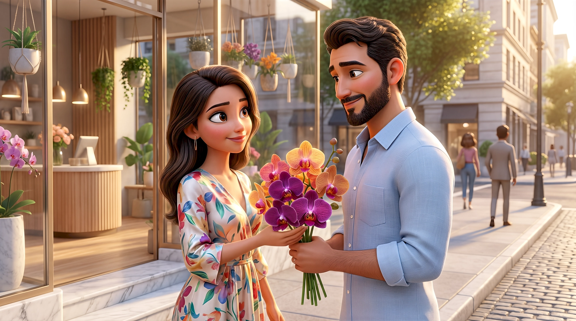 Two charming high-fidelity 3D animated characters — a Latina woman in a colorful floral midi dress and a…