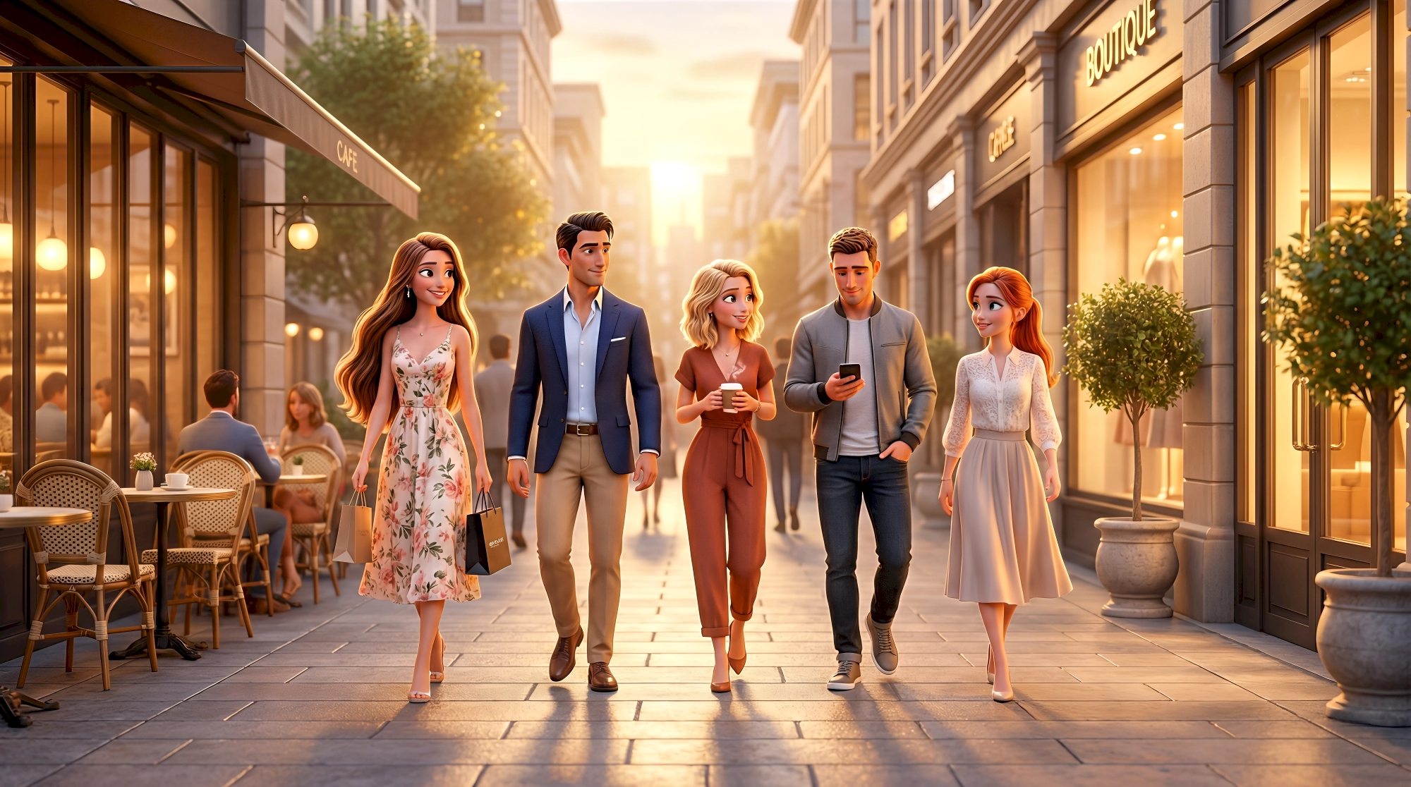 Five expressive 3D animated characters — a Latina woman in a floral midi dress with shopping bags, a Latino…