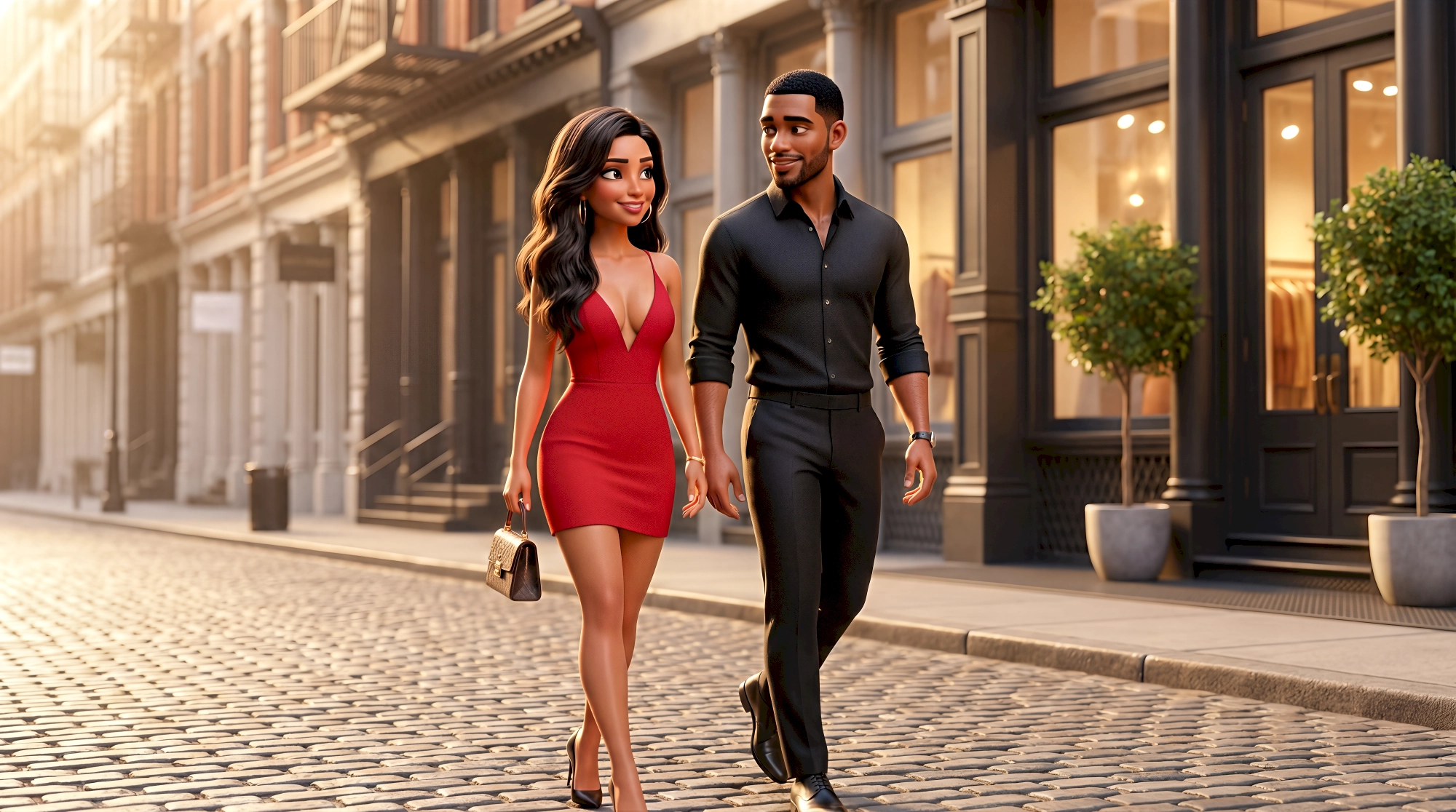 Two stylized realism animated characters — a Latina woman in a fitted red mini dress with a gold chain bag…