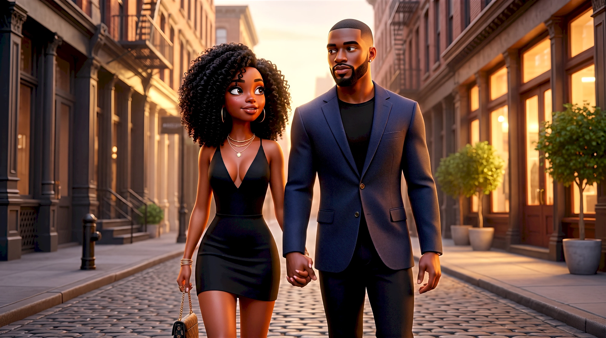 Two stylized realism animated characters — a Black woman with a full natural afro in a black halter mini…