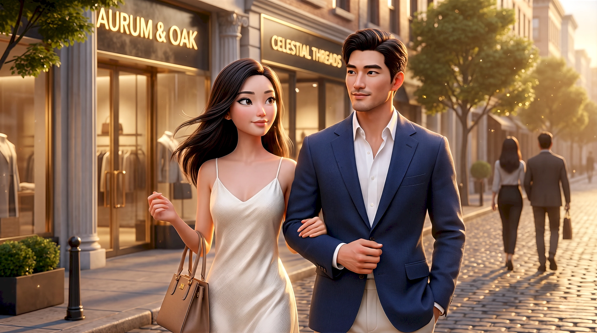 Two digital human animated characters — an Asian woman in an ivory silk slip dress carrying a tan structured…