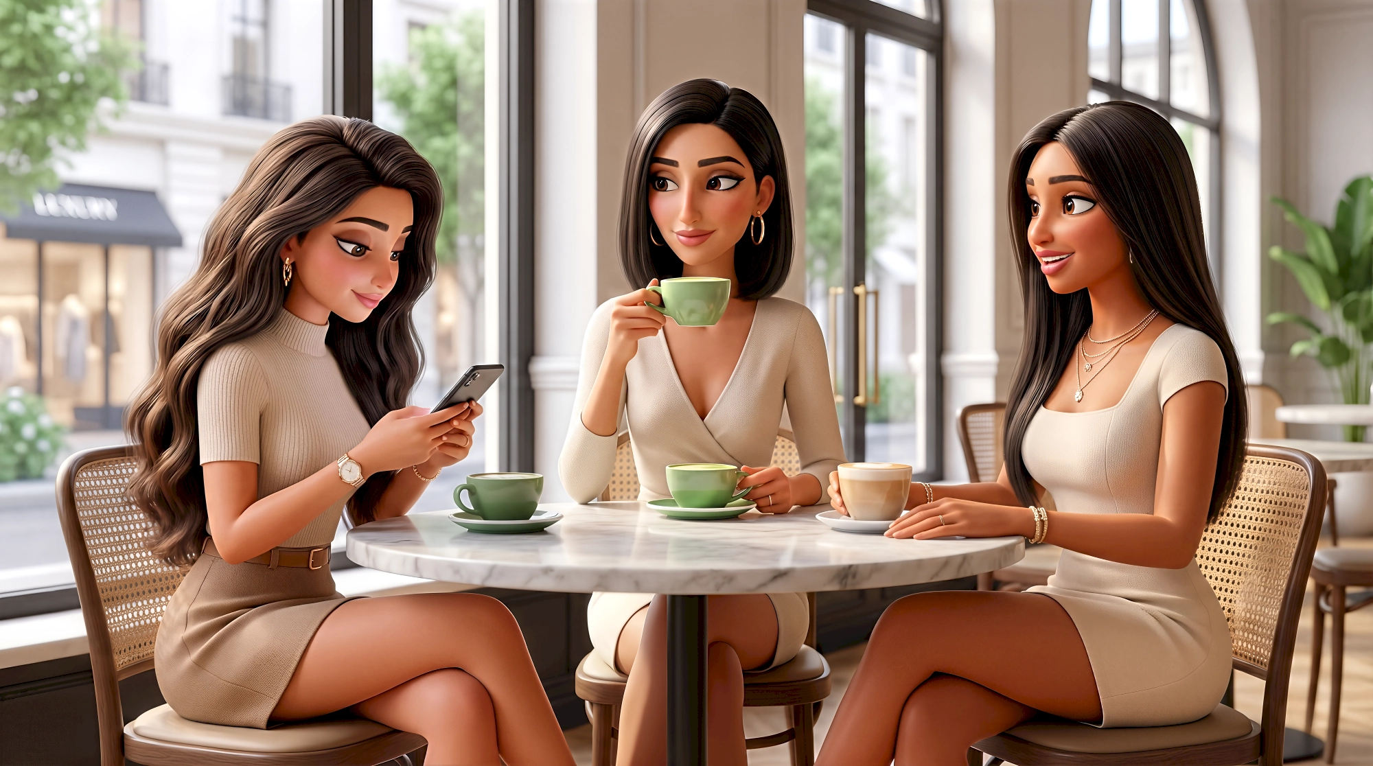 Three digital human animated characters — a Middle Eastern woman in a taupe ribbed dress scrolling her phone…