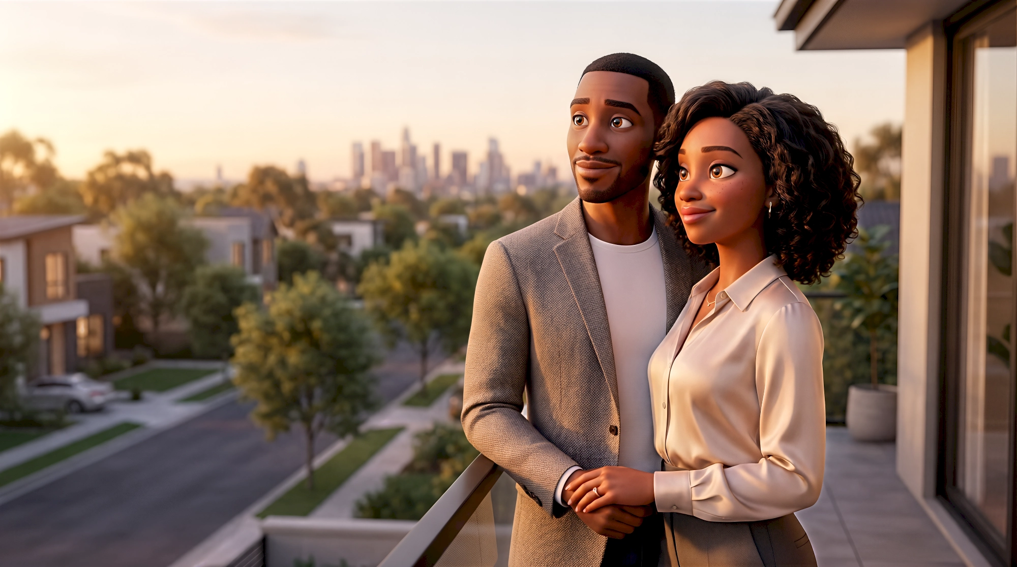 Two digital human animated characters — a Black man in a grey textured blazer and a Black woman with natural…