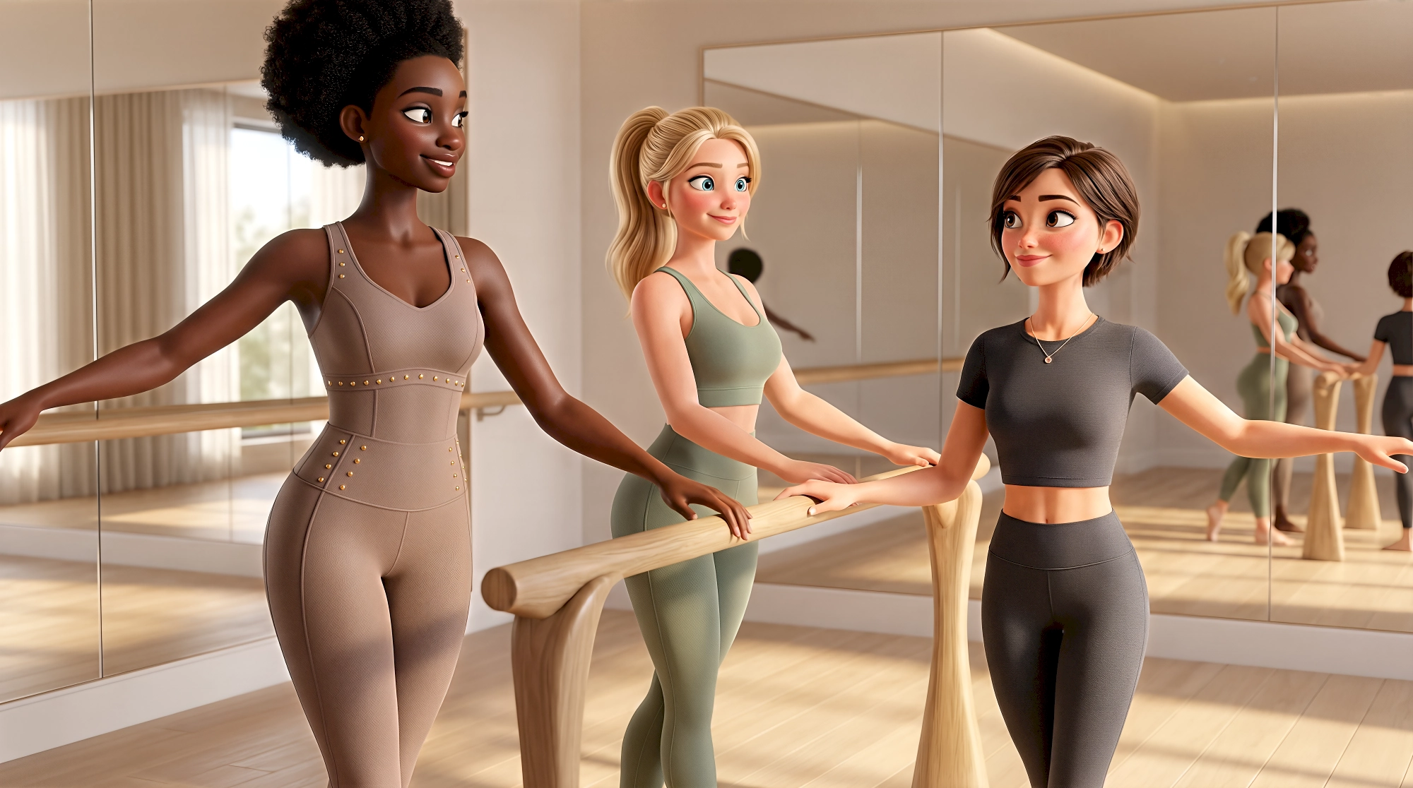 Three charming high-fidelity 3D animated characters — a Black woman with a natural afro in a taupe studded…