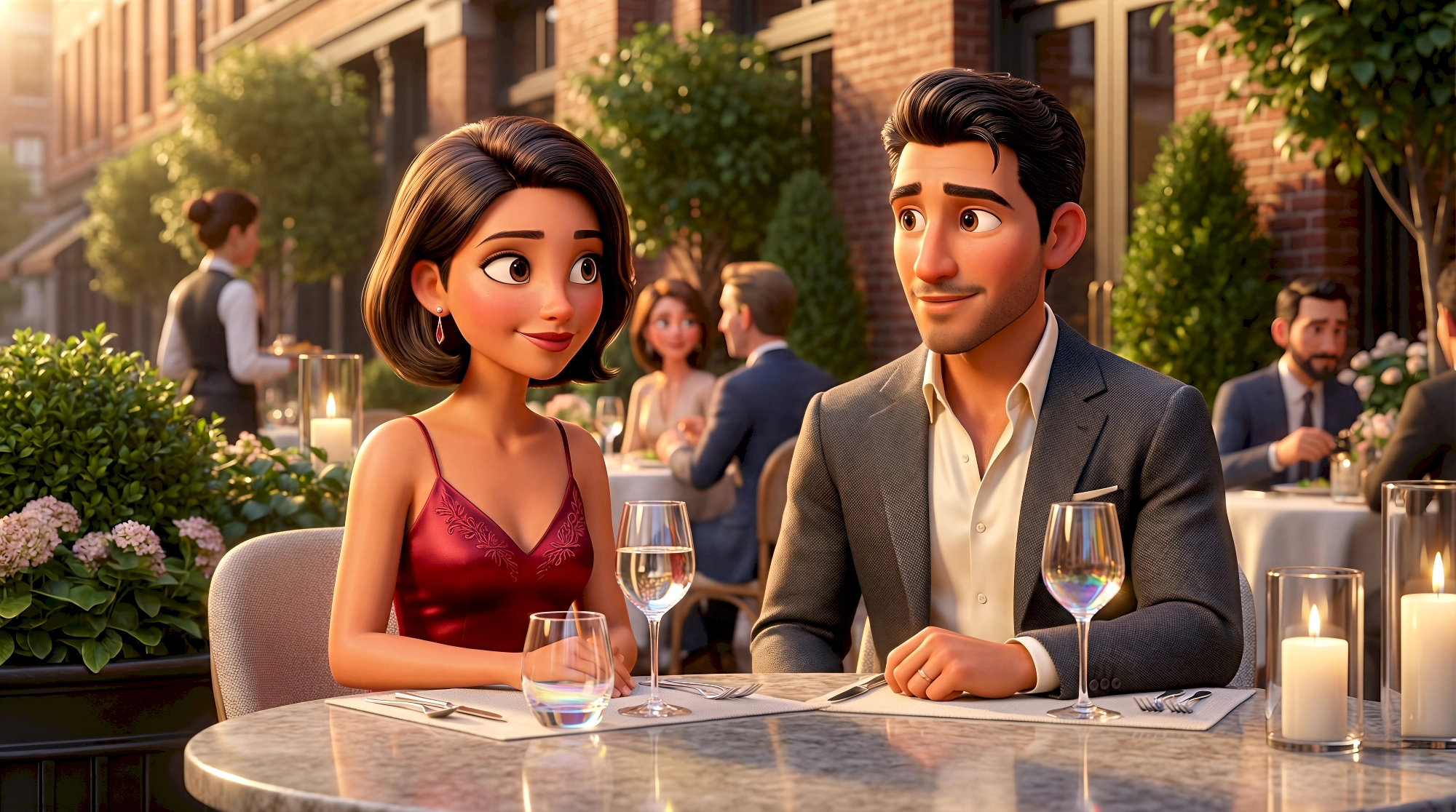 Two expressive 3D animated characters — a Latina woman in a crimson satin slip dress with a sleek dark bob…