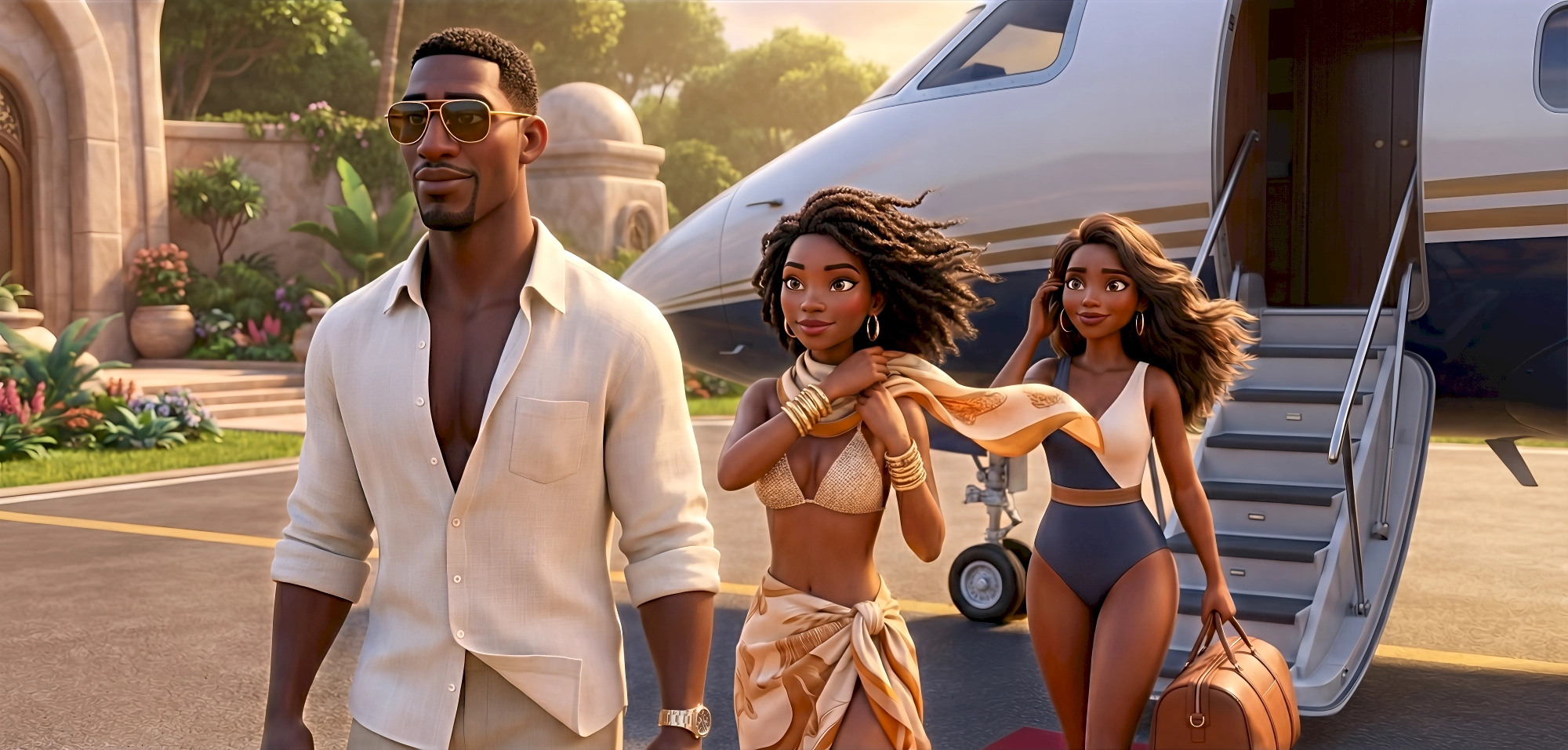 Three cinematic 3D metahuman characters — a Black man in an open cream linen shirt, beige linen trousers…