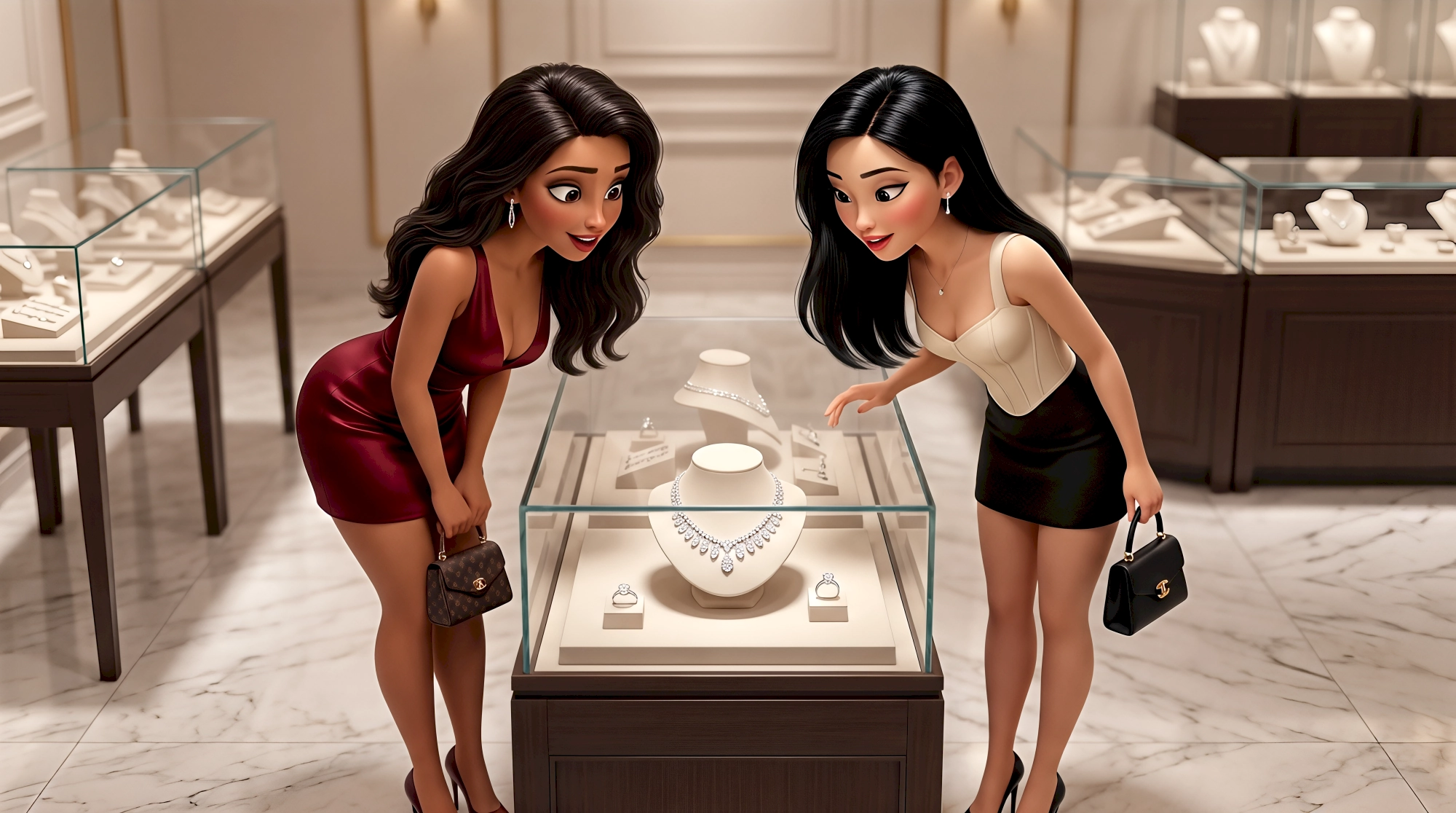 Two high-fidelity 3D animated characters — a Latina woman in a deep burgundy satin mini dress carrying a…