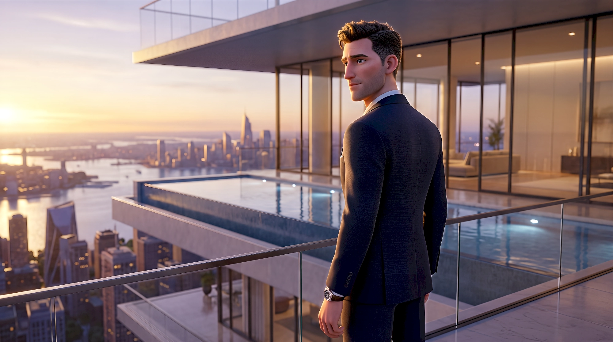 A high-fidelity 3D digital avatar — a white man in a bespoke navy suit with a crisp white dress shirt and…