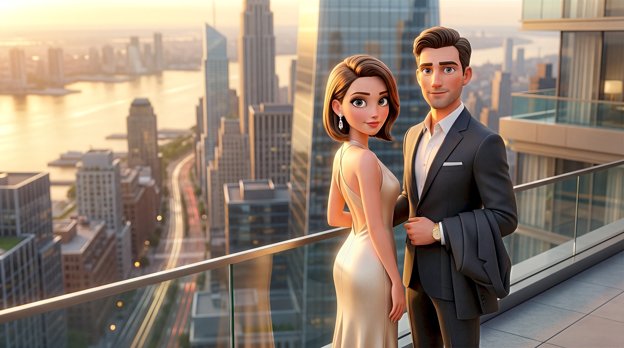 Two cinematic 3D animated characters — a white woman in a champagne silk bias-cut slip gown with diamond drop…