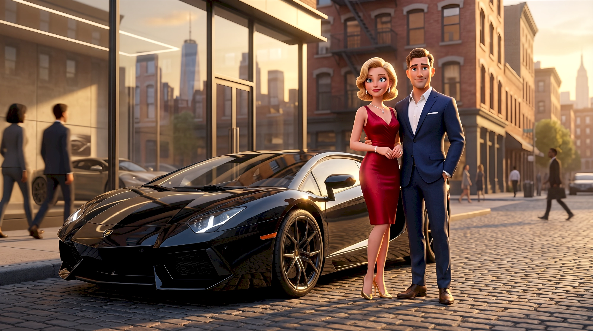 Two cinematic 3D CGI characters — a white woman in a fitted crimson midi dress with a diamond pendant…