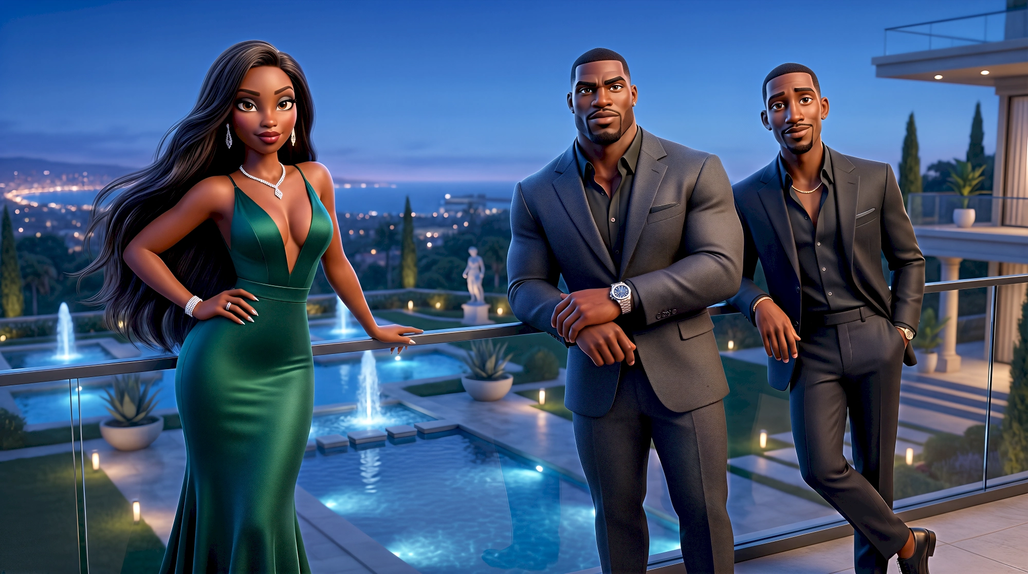 Stylized characters in premium formal wear attend an exclusive waterfront estate party in Kings Point within…
