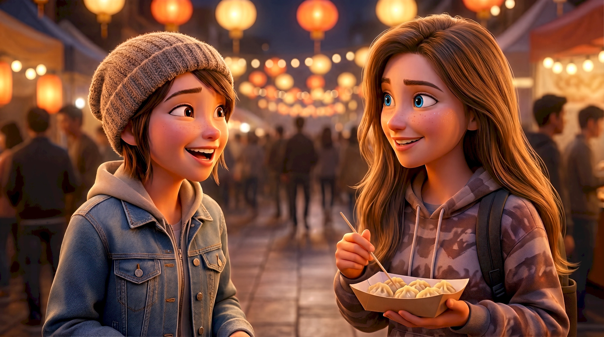 Animated avatars enjoy soup dumplings at a vibrant Chinatown night market in Manhattan within the HubPlanet…