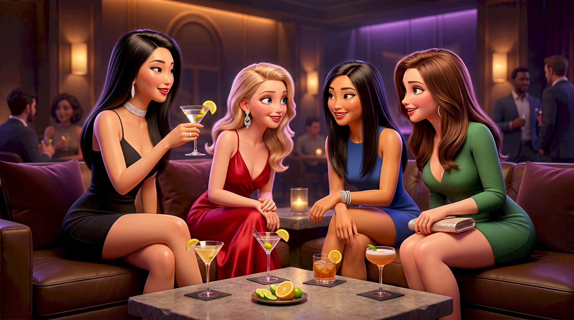 Four stylized 3D animated avatars in vibrant evening wear share martinis and cocktails on leather sofas…