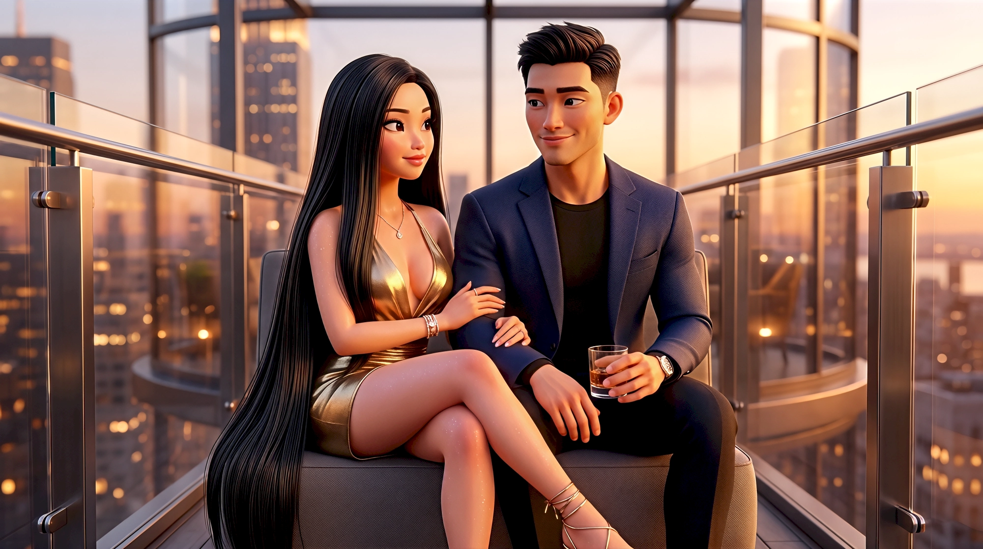 Two cinematic 3D animated avatars — an Asian woman in a gold metallic dress and an Asian man in a navy blazer…