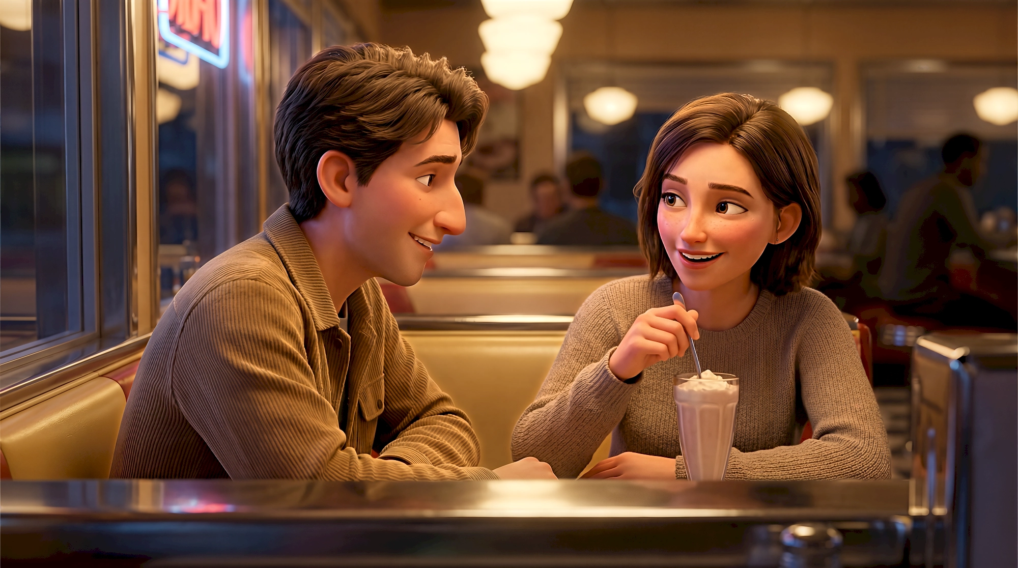 Two cinematic digital humans with expressive features enjoy a milkshake at a casual Upper West Side local…