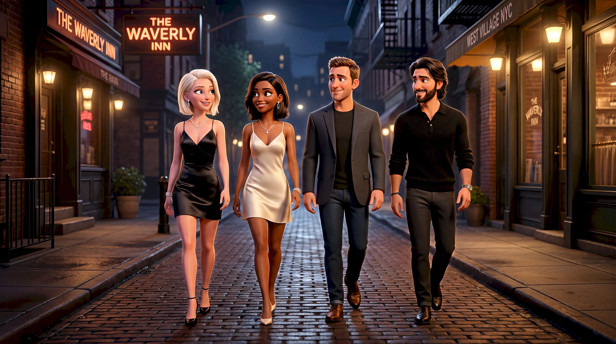 Four stylized 3D animated avatars in smart evening wear walk together down a cobblestone street past the…