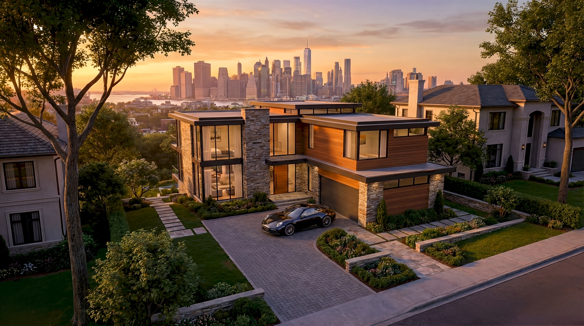 A 3D render of a contemporary luxury home in Bay Ridge New York featuring stacked ledger stone columns, cedar…