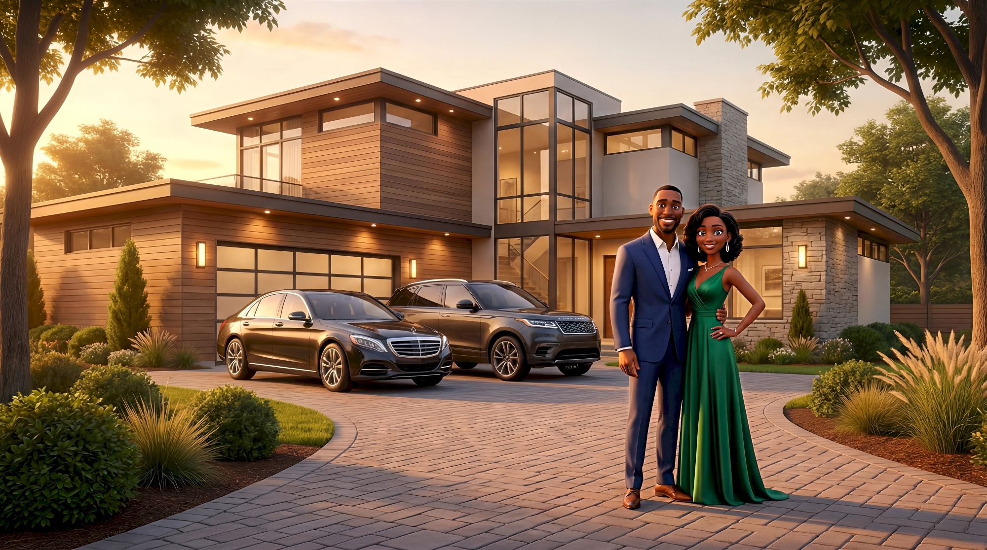 Two stylized 3D characters — a Black man in a fitted navy suit and a Black woman in a floor-length emerald…