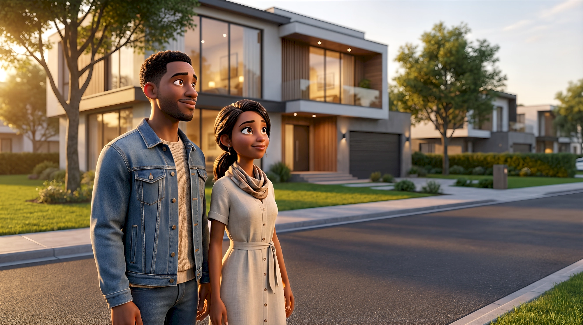 Two cinematic 3D CGI characters — a Black man in a denim jacket and cream knit sweater and a Black woman in a…