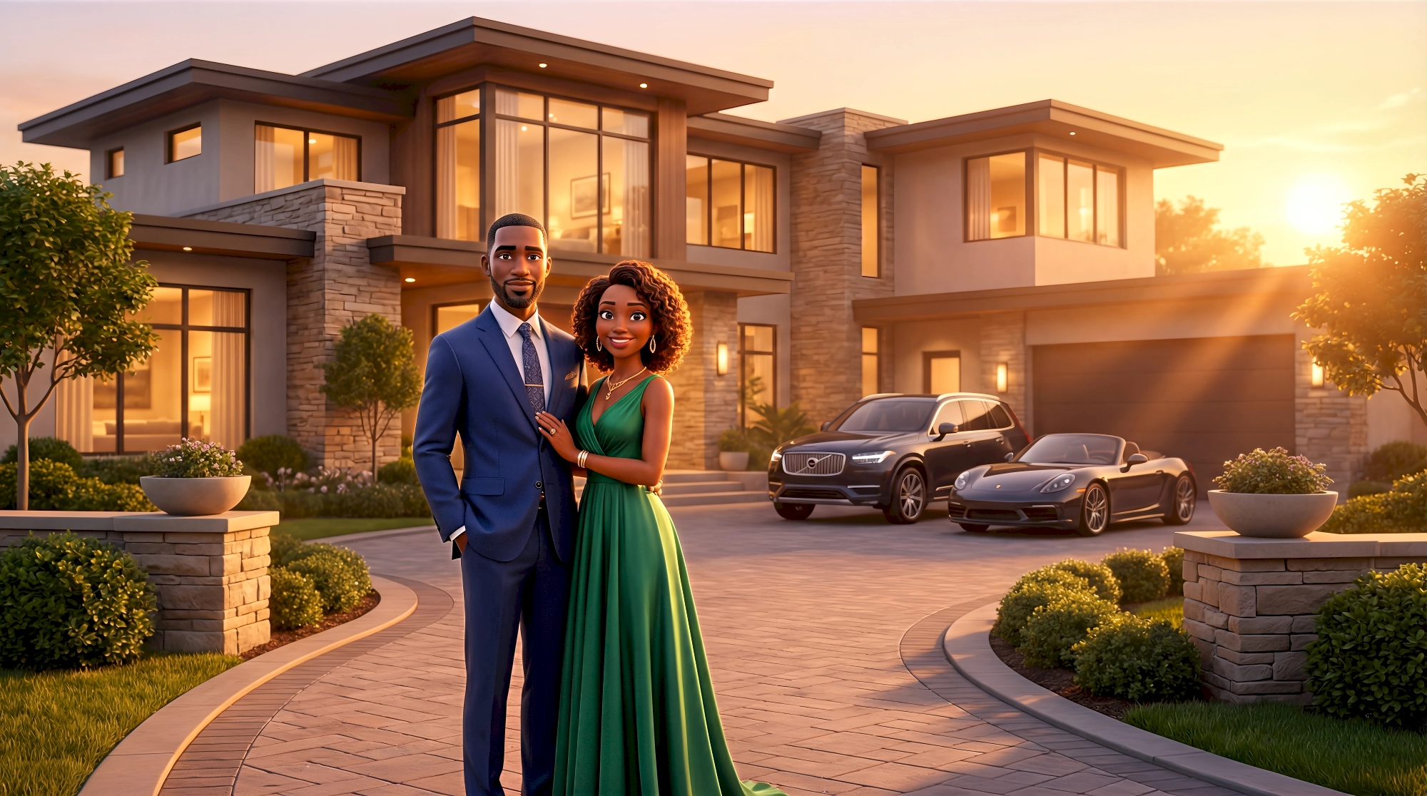 Two semi-realistic 3D characters — a Black man in a fitted navy suit with patterned tie and a Black woman in…