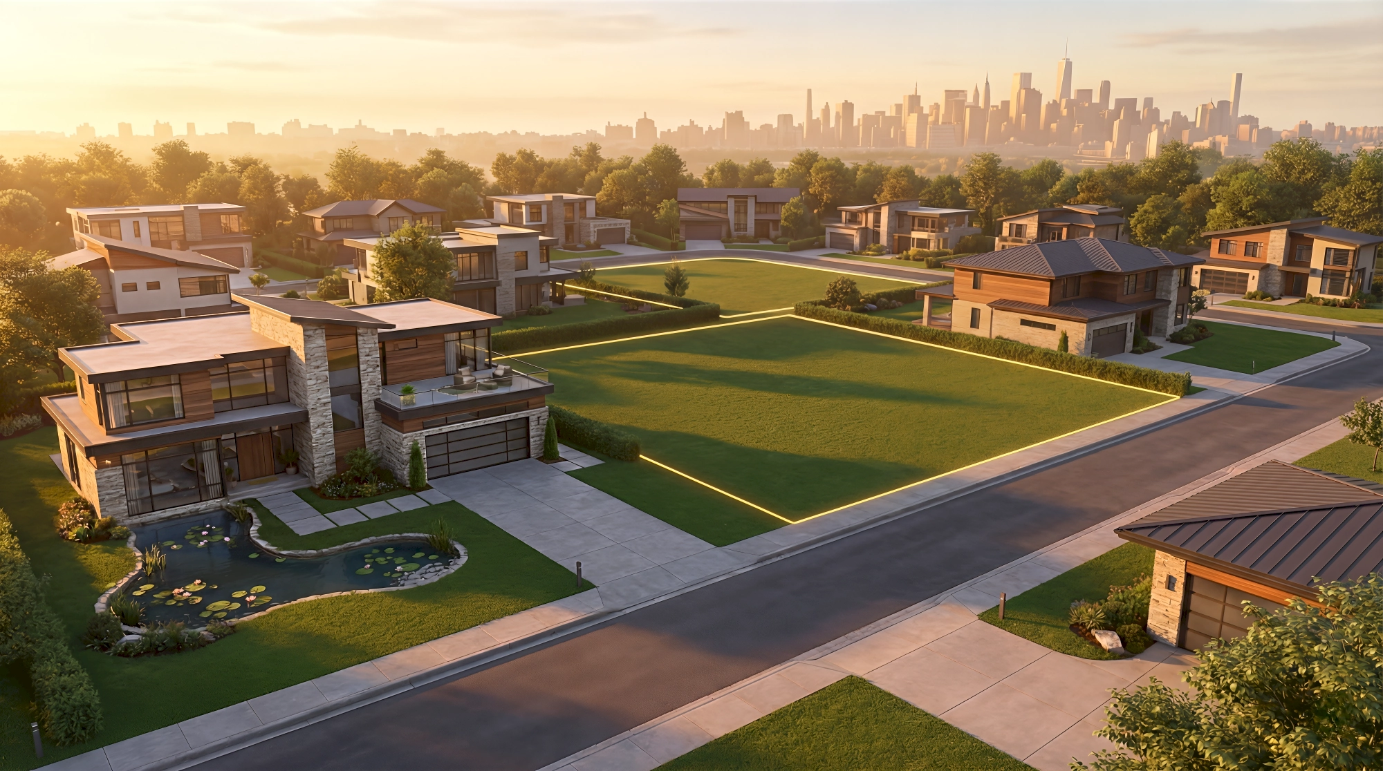 A 3D render of a glowing golden-outlined virtual land parcel on a premium corner lot in Douglaston New York…